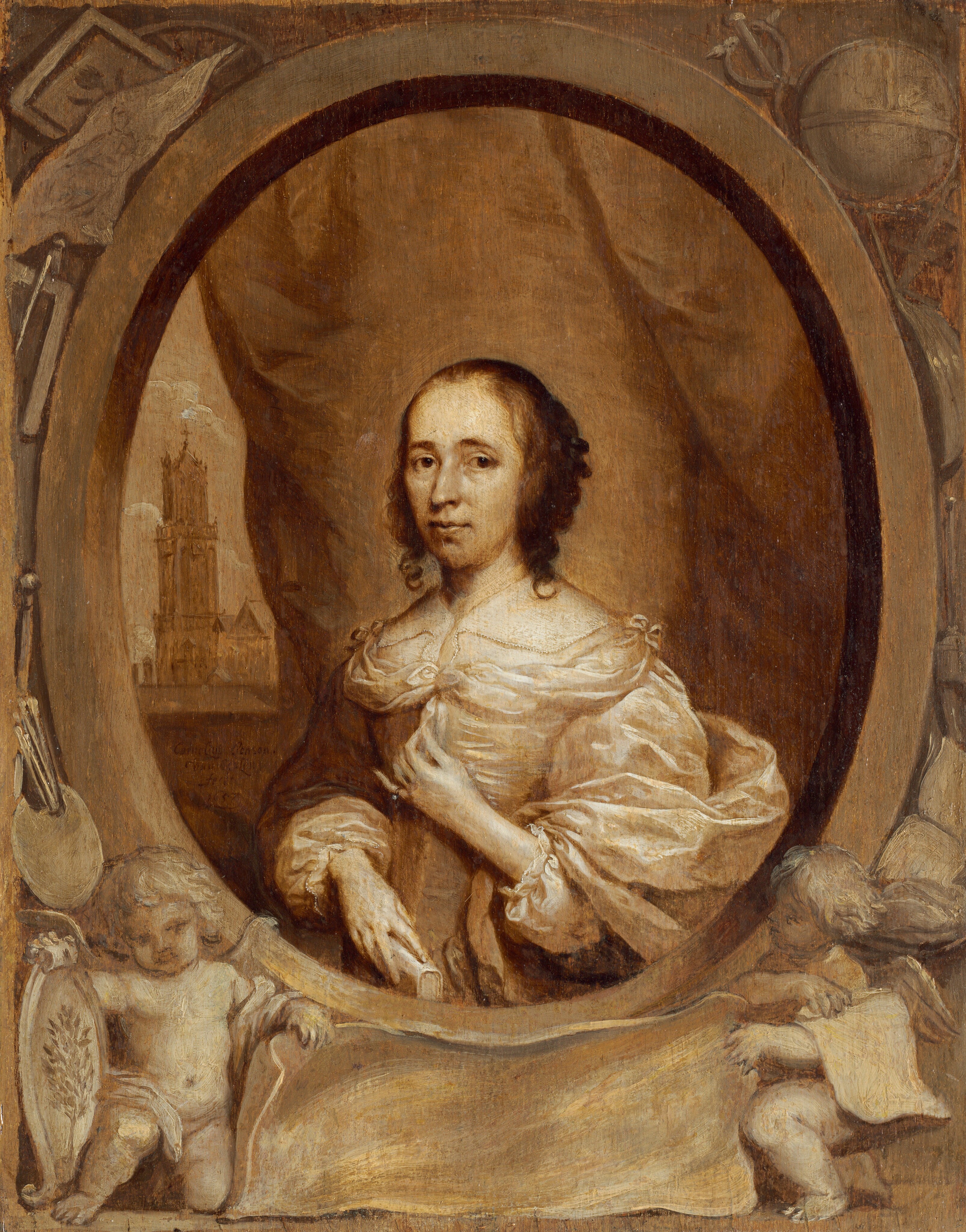 Shown from the waist up, a woman looks at us steadily from behind an oval opening in this vertical portrait, which is painted entirely in tones of sepia and golden brown. The woman’s shoulders and face are angled to our left, but she looks at us with large, dark eyes. She has a narrow face with a slightly bumped nose, high cheekbones, a dimple under her lower lip, and her mouth is closed. Her dark hair is pulled back, and curls fall to her shoulders. The bodice of her dress and the voluminous sleeves glint with highlights, suggesting satin or silk. A sheer cloth covering her chest may be lined with pearls, and bows are tied at her shoulders and over her breastbone. She holds one long-fingered hand up to touch the ribbon at her chest, and she wears a ring on that pinky. She holds a closed book by the spine with her other hand down by her waist. A curtain fills most of the background within the oval opening but is pulled aside to show a church tower to the left. The oval opening appears to be ornamented on our side with carved, chubby babies in the lower corners holding a blank banner, paint palette, brushes, maulstick, and books. At the upper corners are a drawing, drafting tools, globe, lute, and caduceus. The artist signed and dated the painting near the woman’s right elbow, to our left: “Cornelius Ionson Van Ceulen fecit 1657.”