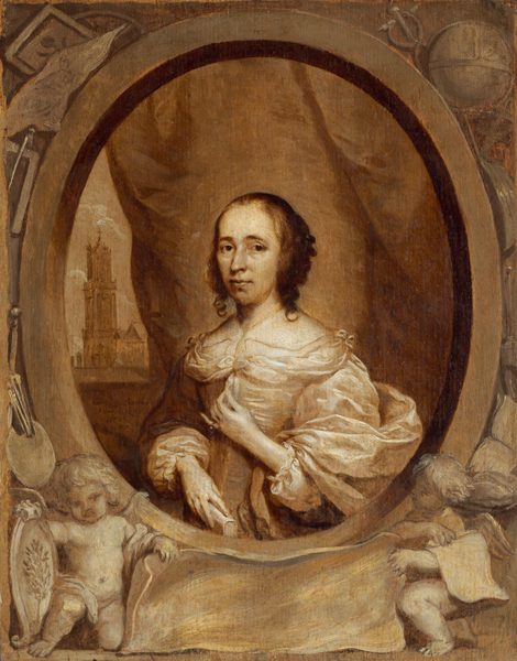 Shown from the waist up, a woman looks at us steadily from behind an oval opening in this vertical portrait, which is painted entirely in tones of sepia and golden brown. The woman’s shoulders and face are angled to our left, but she looks at us with large, dark eyes. She has a narrow face with a slightly bumped nose, high cheekbones, a dimple under her lower lip, and her mouth is closed. Her dark hair is pulled back, and curls fall to her shoulders. The bodice of her dress and the voluminous sleeves glint with highlights, suggesting satin or silk. A sheer cloth covering her chest may be lined with pearls, and bows are tied at her shoulders and over her breastbone. She holds one long-fingered hand up to touch the ribbon at her chest, and she wears a ring on that pinky. She holds a closed book by the spine with her other hand down by her waist. A curtain fills most of the background within the oval opening but is pulled aside to show a church tower to the left. The oval opening appears to be ornamented on our side with carved, chubby babies in the lower corners holding a blank banner, paint palette, brushes, maulstick, and books. At the upper corners are a drawing, drafting tools, globe, lute, and caduceus. The artist signed and dated the painting near the woman’s right elbow, to our left: “Cornelius Ionson Van Ceulen fecit 1657.”