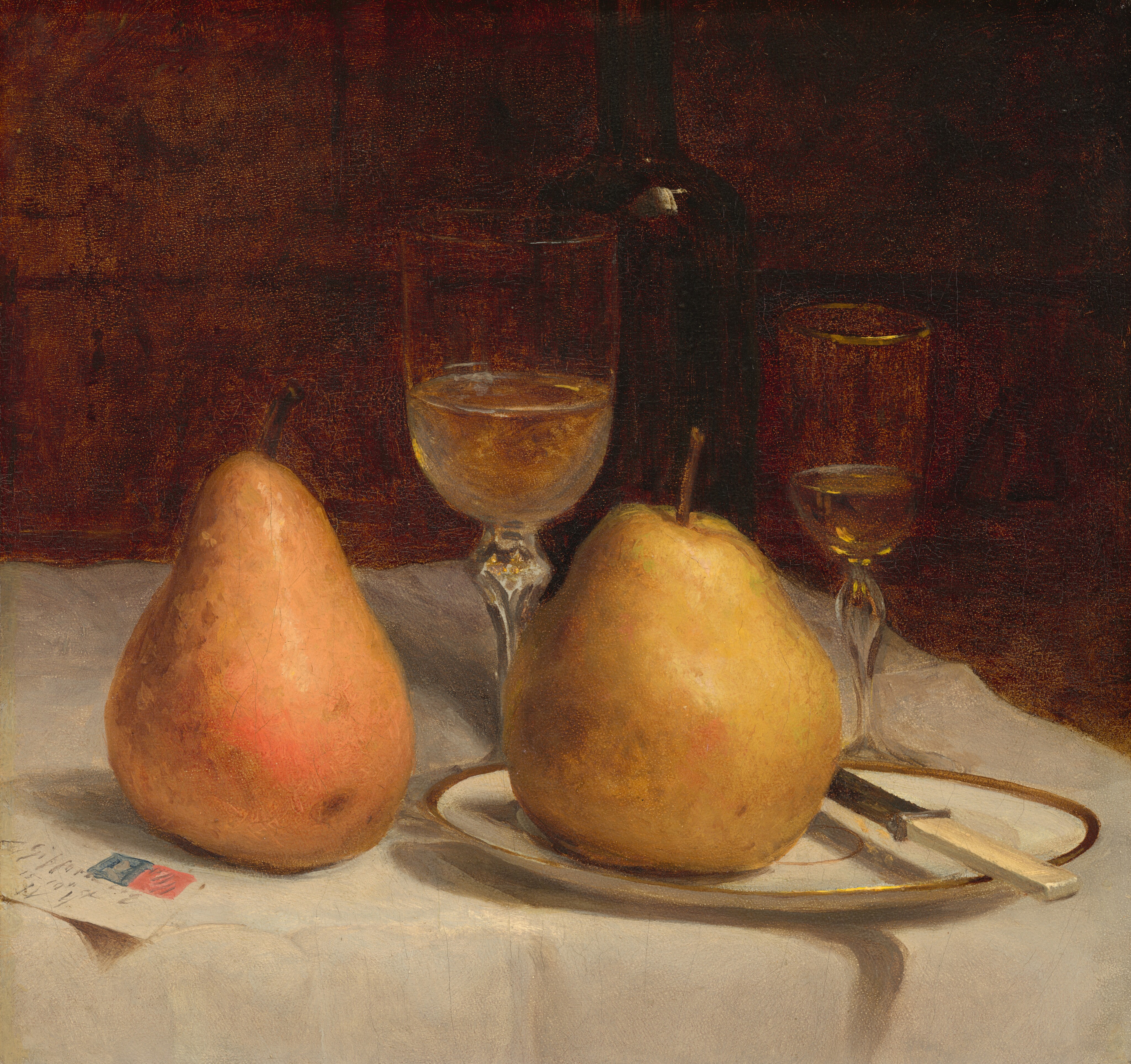 This painting shows two large pears on a white tablecloth. The pear on the left is a pinkish color and sits directly on the cloth. The pear on the right is yellow, and it rests on a white plate next to a small knife. Behind the pears are two clear glasses filled with a yellowish liquid, and behind those are a dark wine bottle. There is a letter on the table in the lower left corner with two stamps on it. The background is dark brown.