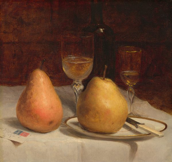 This painting shows two large pears on a white tablecloth. The pear on the left is a pinkish color and sits directly on the cloth. The pear on the right is yellow, and it rests on a white plate next to a small knife. Behind the pears are two clear glasses filled with a yellowish liquid, and behind those are a dark wine bottle. There is a letter on the table in the lower left corner with two stamps on it. The background is dark brown.