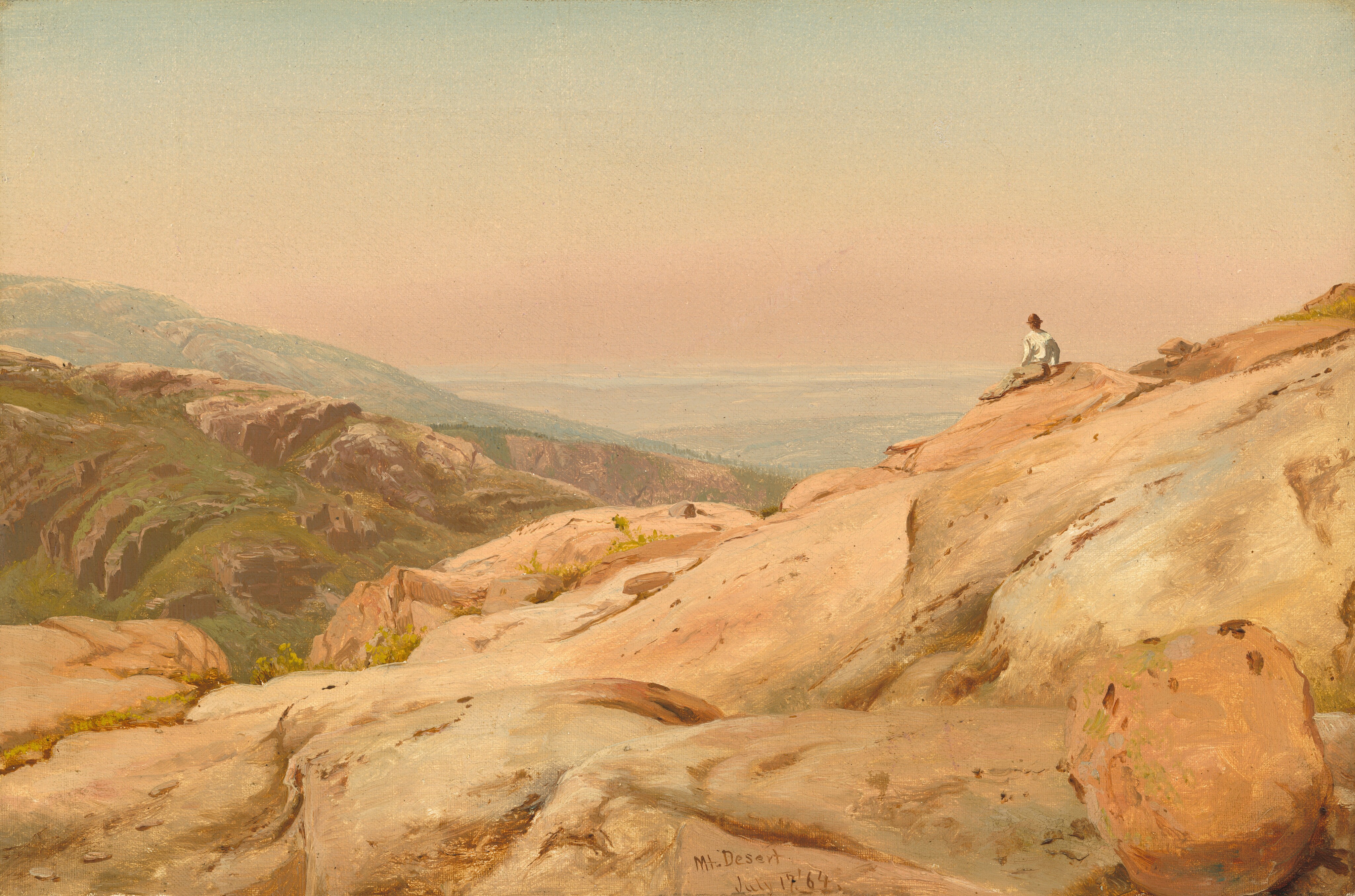 This painting shows a person sitting on a rocky outcrop, looking out over a vast landscape. The horizon is placed in the upper third of the composition, and the sky transitions from pale blue at the top of the painting to light yellow and then to pale pink. In the distance, rolling hills and valleys extend towards the horizon, painted in shades of cream, light blue, and pale green. Closest to us, there are large, rounded rocks scattered around in shades of pale yellow, pale pink, and light, reddish-brown. On the right, the rocky ground slants upward into a hill.  A person in a white shirt, gray pants, and a brown hat sits on the rocks, facing away from us and looking towards the view below. On the left, more hills fade into the distance, their reddish-brown stones covered with green plant life.