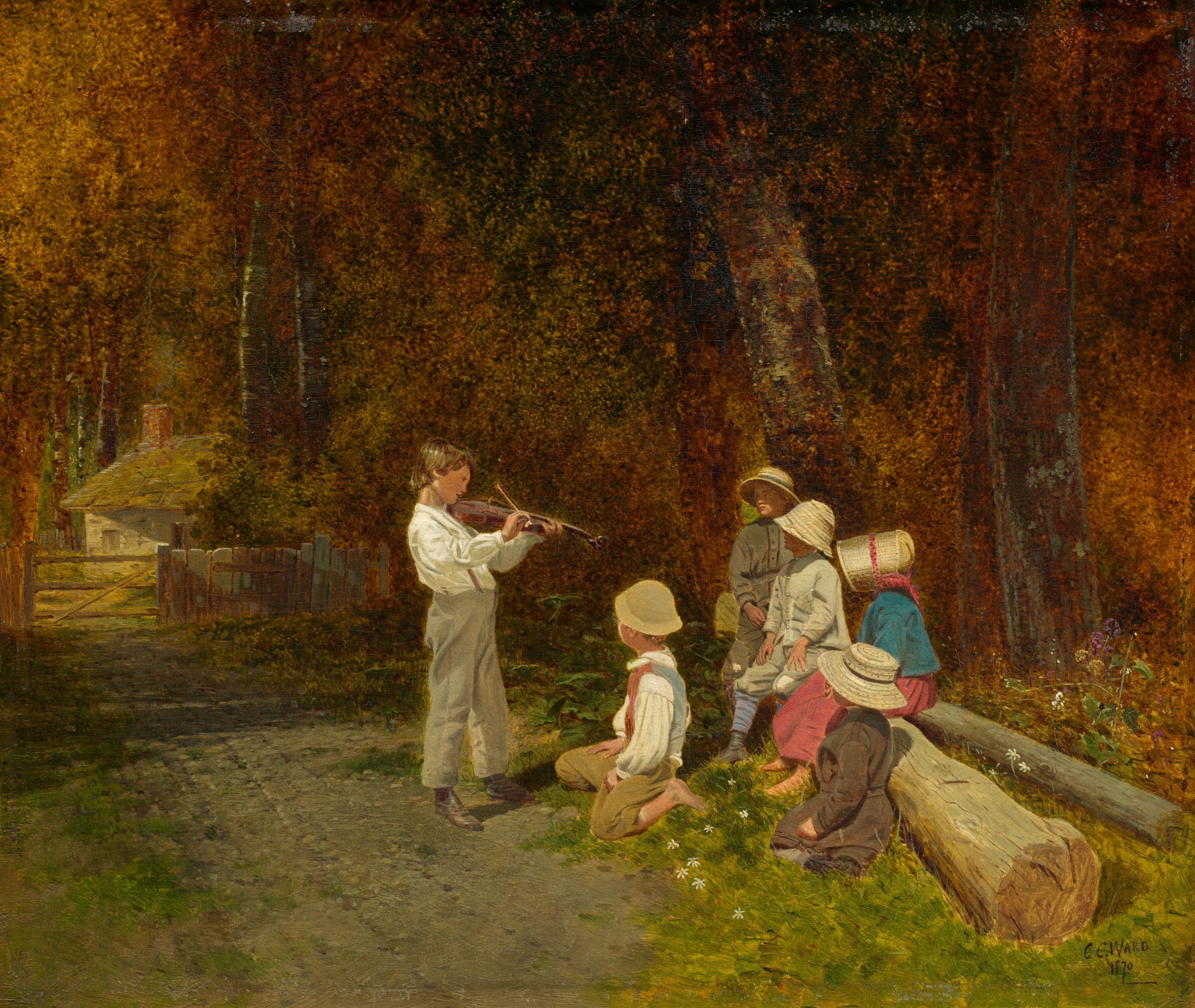 This painting shows a group of children in the woods. To the left of center, a boy plays the violin, standing on the edge of a gray path. He faces the right, where a group of children sit, looking at him. Three children sit on a pale log, while two sit on the green grass, which is dotted with small white flowers. The children mostly wear clothes in shades of tan and brown, although one child wears a pink dress and a blue jacket. All of the seated children wear straw hats. They all have pale skin. The trees fill the background with autumnal colors, including brown, orange, yellow ochre, and dark green. On the left, at the end of the path, a white cottage is visible in the distance behind a wooden gate.