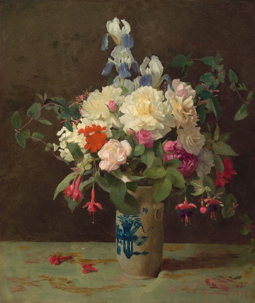 This painting depicts a large ceramic vase filled with various flowers such as white peonies, blue and white irises, pink roses, and red fuchsias. Between these flowers are dark green leaves. The vase is white with a blue decorative design, and it sits on a pale green cloth with gold patterns. Some scattered pink petals rest on the cloth around the vase. The wall behind the vase is dark brown.