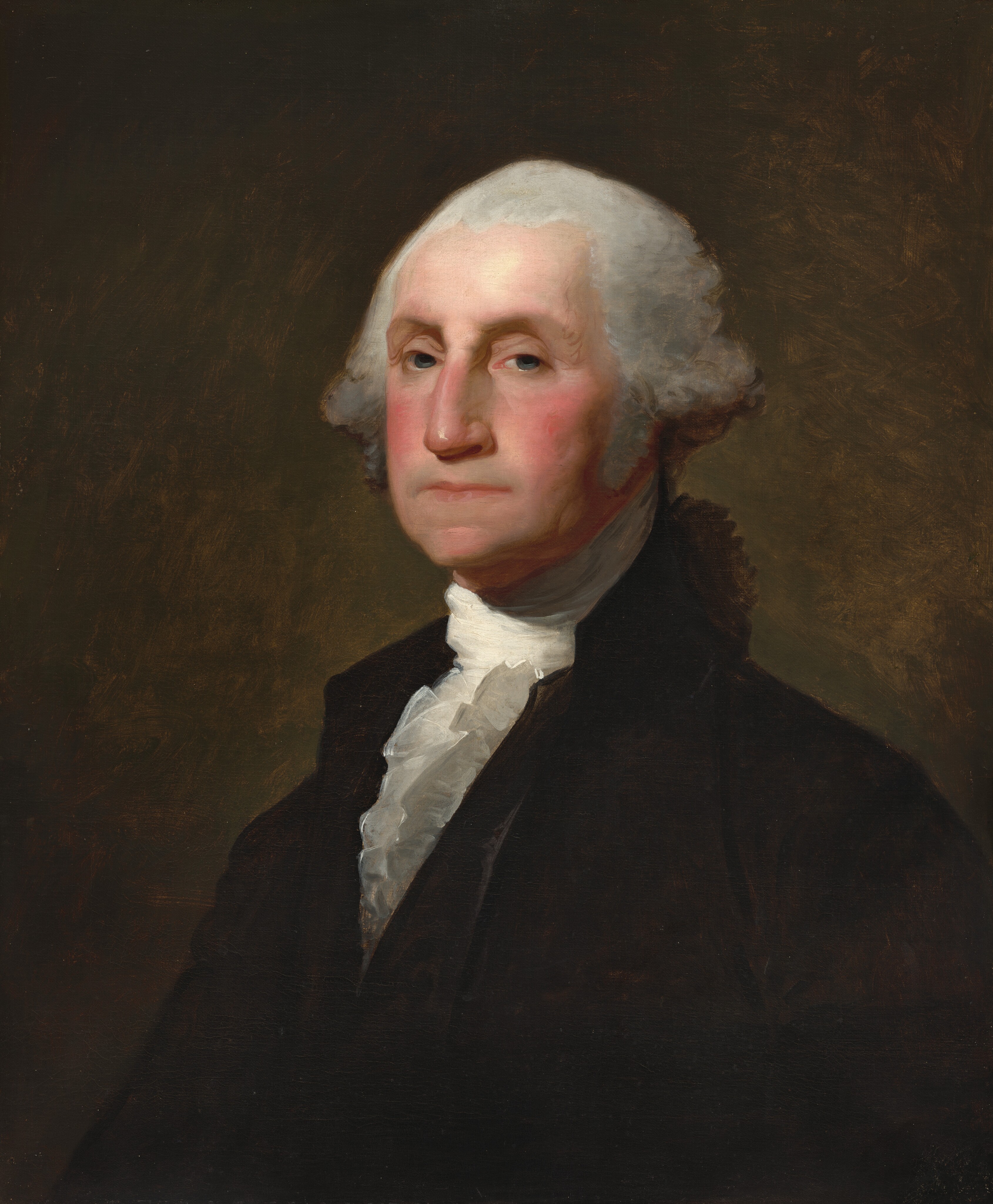 This painting is a portrait of a man from his chest up. He is positioned slightly angled to the left and looks directly at us. His skin is pale, and he has rosy cheeks, deep-set, dark eyes, a long, straight nose, and thin lips set in a neutral expression. His hair is light gray, combed back from his face and curled above his ears. He is wearing a black coat over a white, high-collared shirt and a white lace cravat. The background is dark brown.