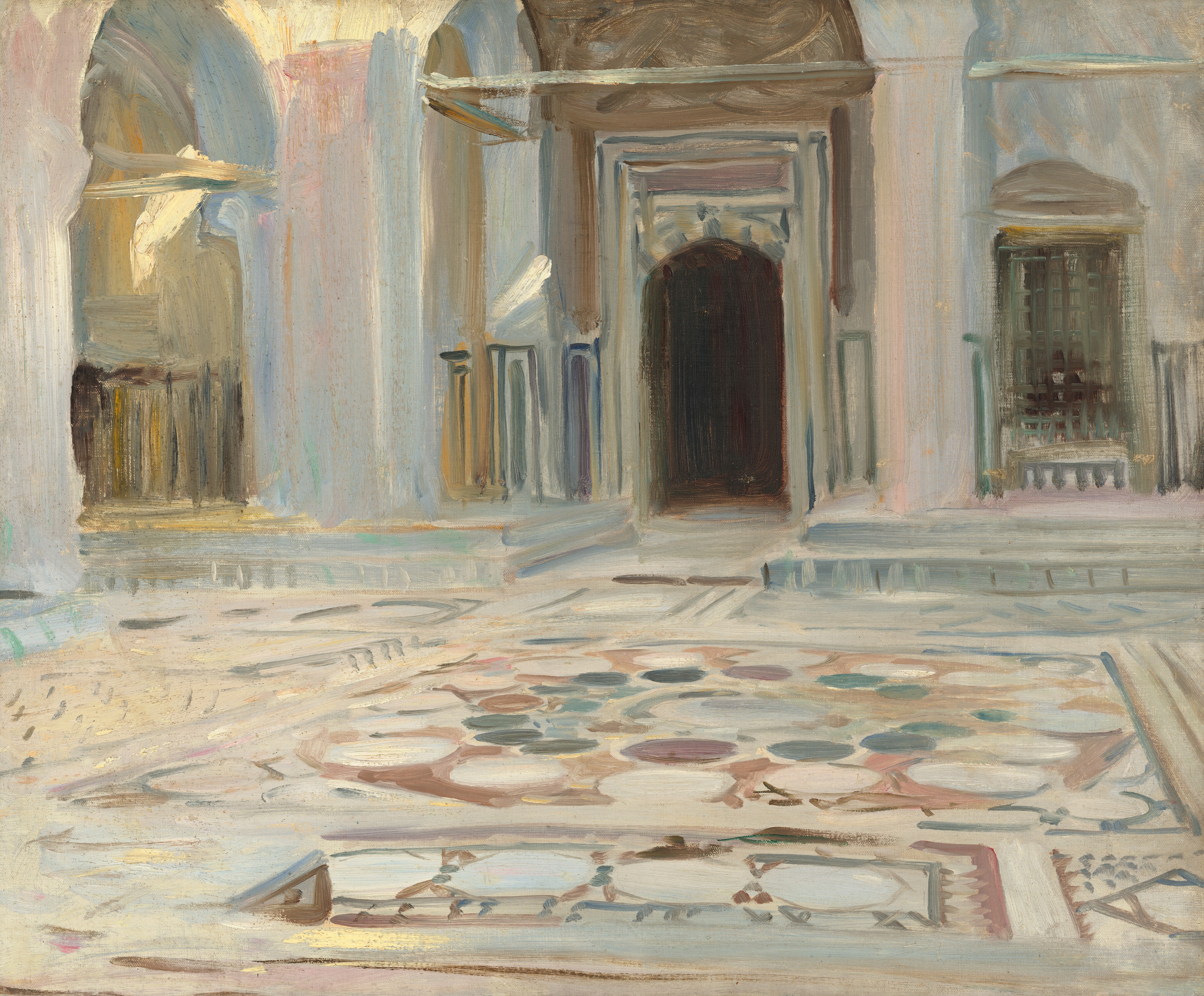 This nearly square, sketchy painting shows the interior of an empty courtyard, created in milky tones of oatmeal brown, ivory, muted brick red, eucalyptus green, and slate blue. We look across a floor patterned with round and octagonal stones. Across from us, a darkened, arched doorway is set into a larger, lighter arched opening. A niche or a window to our right is covered with a lattice. To our left, another arched opening angles toward us and to our left. It opens onto an indistinct space filled with golden light. Lighter strokes of pale mauve pink and warm parchment yellow on the face of the arch to our left suggests sunlight sifting into the interior space. Brushstrokes are visible throughout.