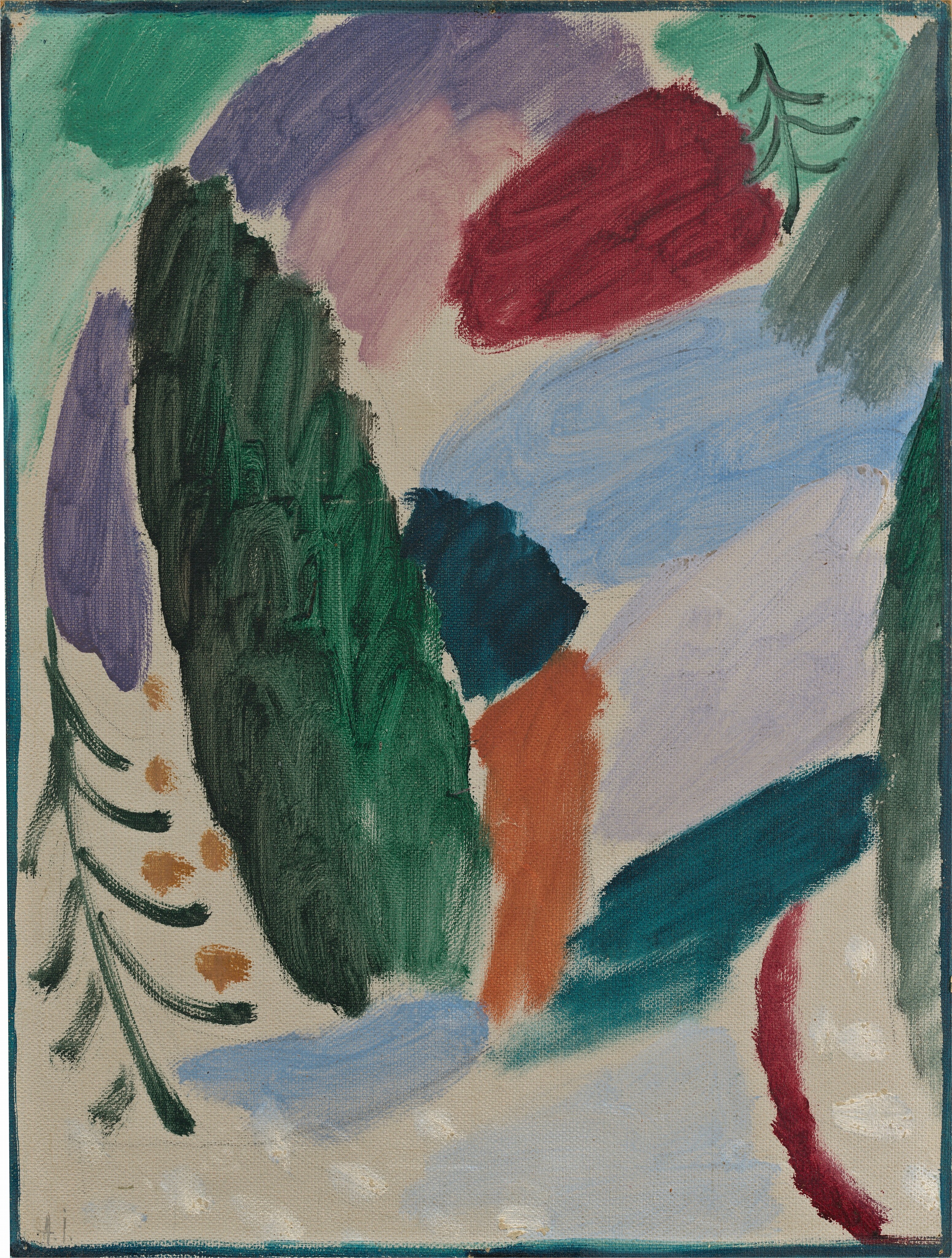 This painting is composed of flowing lines and rounded shapes in various colors. The forms and hues create a diverse landscape, with some shapes resembling natural elements like trees or vegetation, water or sky. Linear patterns in green suggest hills or foliage, with small dots of yellow. The shapes are mostly in cool tones, including greens, blues, and purples. There are small dots of white on the bottom of the painting. A vibrant red shape at the top left and an orange shape near the center stand out amidst the greens. Around the different shapes, the off-white color of the canvas is visible. The painting is surrounded by a dark teal border.