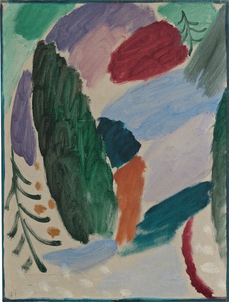 This painting is composed of flowing lines and rounded shapes in various colors. The forms and hues create a diverse landscape, with some shapes resembling natural elements like trees or vegetation, water or sky. Linear patterns in green suggest hills or foliage, with small dots of yellow. The shapes are mostly in cool tones, including greens, blues, and purples. There are small dots of white on the bottom of the painting. A vibrant red shape at the top left and an orange shape near the center stand out amidst the greens. Around the different shapes, the off-white color of the canvas is visible. The painting is surrounded by a dark teal border.