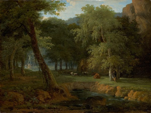 This painting displays a forest with tall trees and a body of water at the bottom. At the center of the painting is a group of grazing cows. On the right, a person rests against a tree near the cows and appears to be playing a flute. On the left there is a clearing in the distance seen through the trees where there appears to be a tall statue surrounded by more people who are dancing around it. The trees almost obscure the sky, although fluffy white clouds peek through a small opening. The trees in the bottom-left corner are dark, while the clearing in the background illuminated.