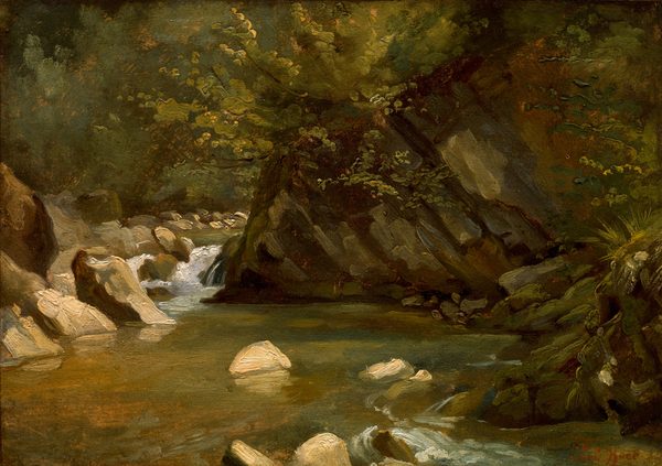 This painting shows a rocky stream flowing through a green wooded area. Trees and rocky brown-and-gray terrain dominate the top of the composition, with the stream winding below around small gray rocks and boulders. A small white waterfall is depicted on the left side, leading into a flat pool of brown and gray water. The color palette is rich and earthy, with deep greens, golden yellows, and reddish-browns coloring almost all of the scene, as well as some lighter patches of white and beige in the water.