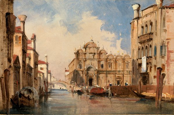 The painting depicts a view of a canal from a low vantage point. There are tall white buildings with red roofs on either side of the canal, and a white bridge in the distance stretches between the two sides. Behind the bridge, on the right side of the canal, is a large, ornate building with domes and arches, as well as several large statues or decorations along the tiered roof. Floating on the water are several long boats, and small dots of color by the bridge suggest people gathered outside. The water of the canal reflects the colors of the street and sky, with patches of red, brown, and tan across the blue surface. The sky above the buildings contains swirls of blue and pale gray. The brushstrokes in the painting are loose and expressive, especially in the sky and water.