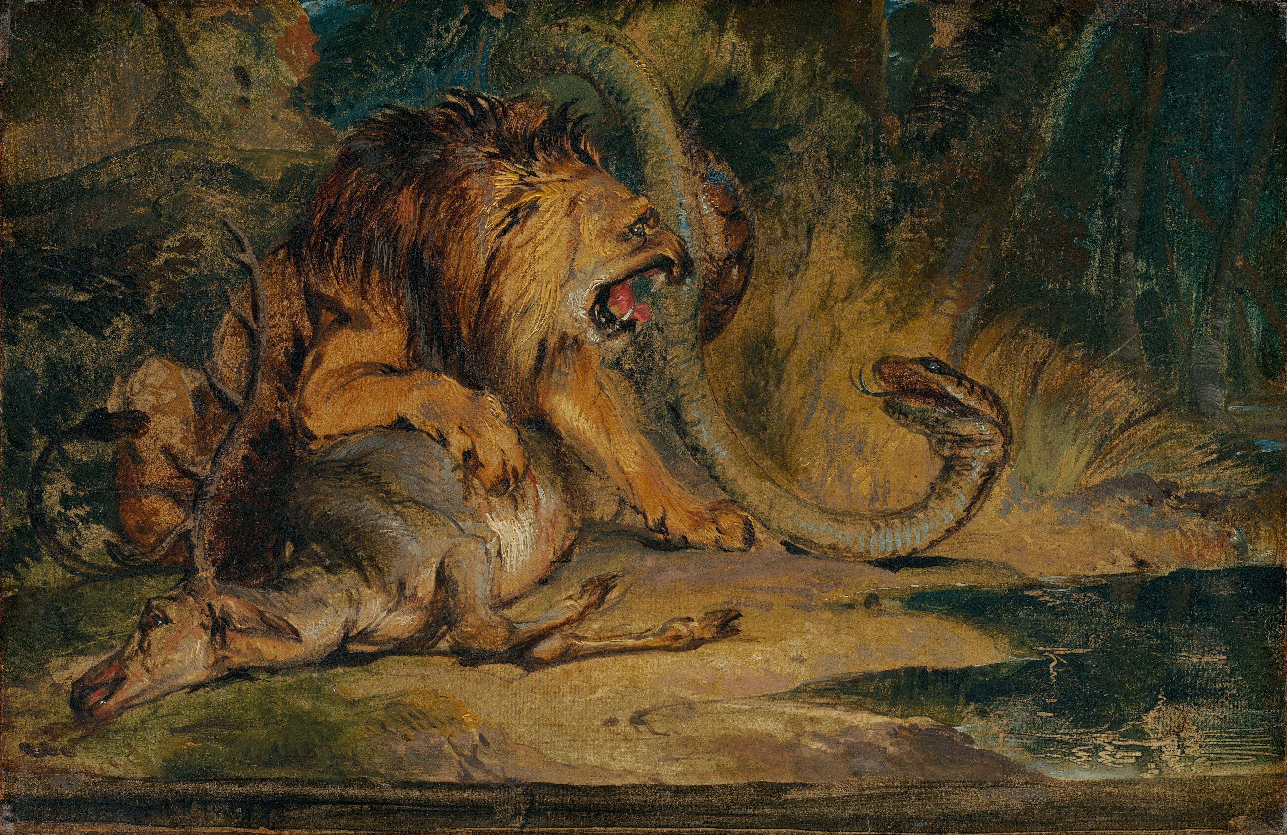 This painting depicts a lion crouched over the carcass of a large deer with curving horns, confronting a snake. The golden lion is toward the left of center, and the snake comes from behind it, its long sinuous body stretching down from the dark trees above. The snake's head is on the ground to the right of center, and it turns to the left to look up at the lion. The lion leans over the carcass, its yellow eyes wide and its mouth open in a snarl to reveal long white teeth and a pink tongue. Its claws dig into the pale brown body of the deer, leaving red trails of blood. The snake's mouth is also open, its dark tongue flicking outward. The background features shades of dark green, blue-green, brown, rusty orange, and yellow in a jungle setting, with tall grasses, trees, and what may be the edge of a body of water in the bottom right corner.