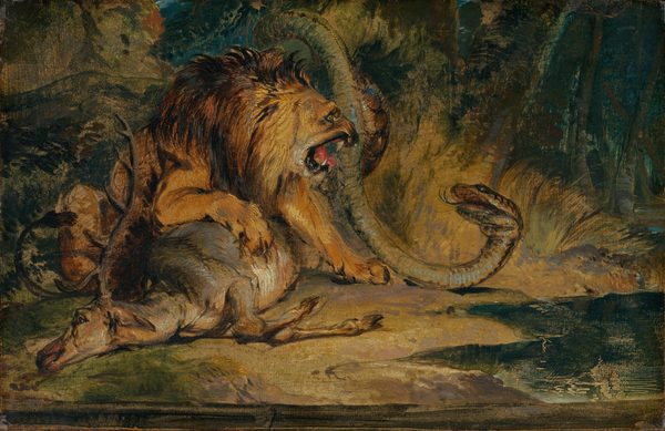 This painting depicts a lion crouched over the carcass of a large deer with curving horns, confronting a snake. The golden lion is toward the left of center, and the snake comes from behind it, its long sinuous body stretching down from the dark trees above. The snake's head is on the ground to the right of center, and it turns to the left to look up at the lion. The lion leans over the carcass, its yellow eyes wide and its mouth open in a snarl to reveal long white teeth and a pink tongue. Its claws dig into the pale brown body of the deer, leaving red trails of blood. The snake's mouth is also open, its dark tongue flicking outward. The background features shades of dark green, blue-green, brown, rusty orange, and yellow in a jungle setting, with tall grasses, trees, and what may be the edge of a body of water in the bottom right corner.