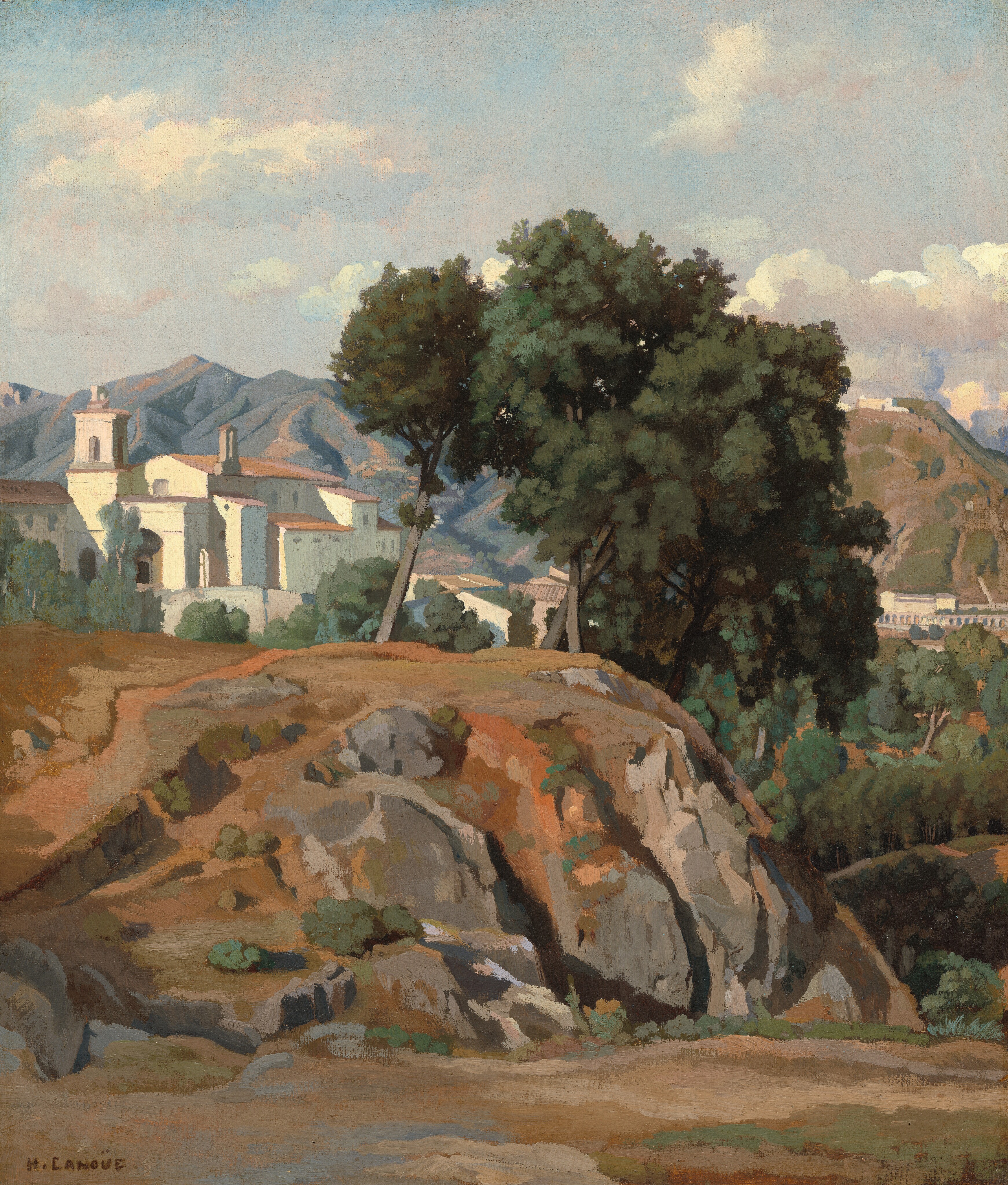 The painting depicts a landscape with rocky outcrops, trees, and distant mountains. A rocky brown hill that takes up the lower third of the image, and at the top there are white buildings with brown roofs. These buildings are surrounded by green trees, and on the other side of the hill we can see more dense trees and other structures. Above the distant mountains is a blue sky filled with a few white clouds.
