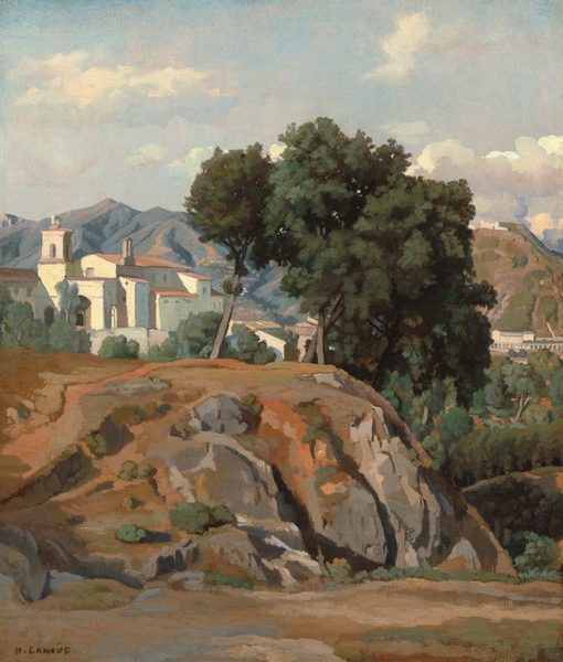 The painting depicts a landscape with rocky outcrops, trees, and distant mountains. A rocky brown hill that takes up the lower third of the image, and at the top there are white buildings with brown roofs. These buildings are surrounded by green trees, and on the other side of the hill we can see more dense trees and other structures. Above the distant mountains is a blue sky filled with a few white clouds.