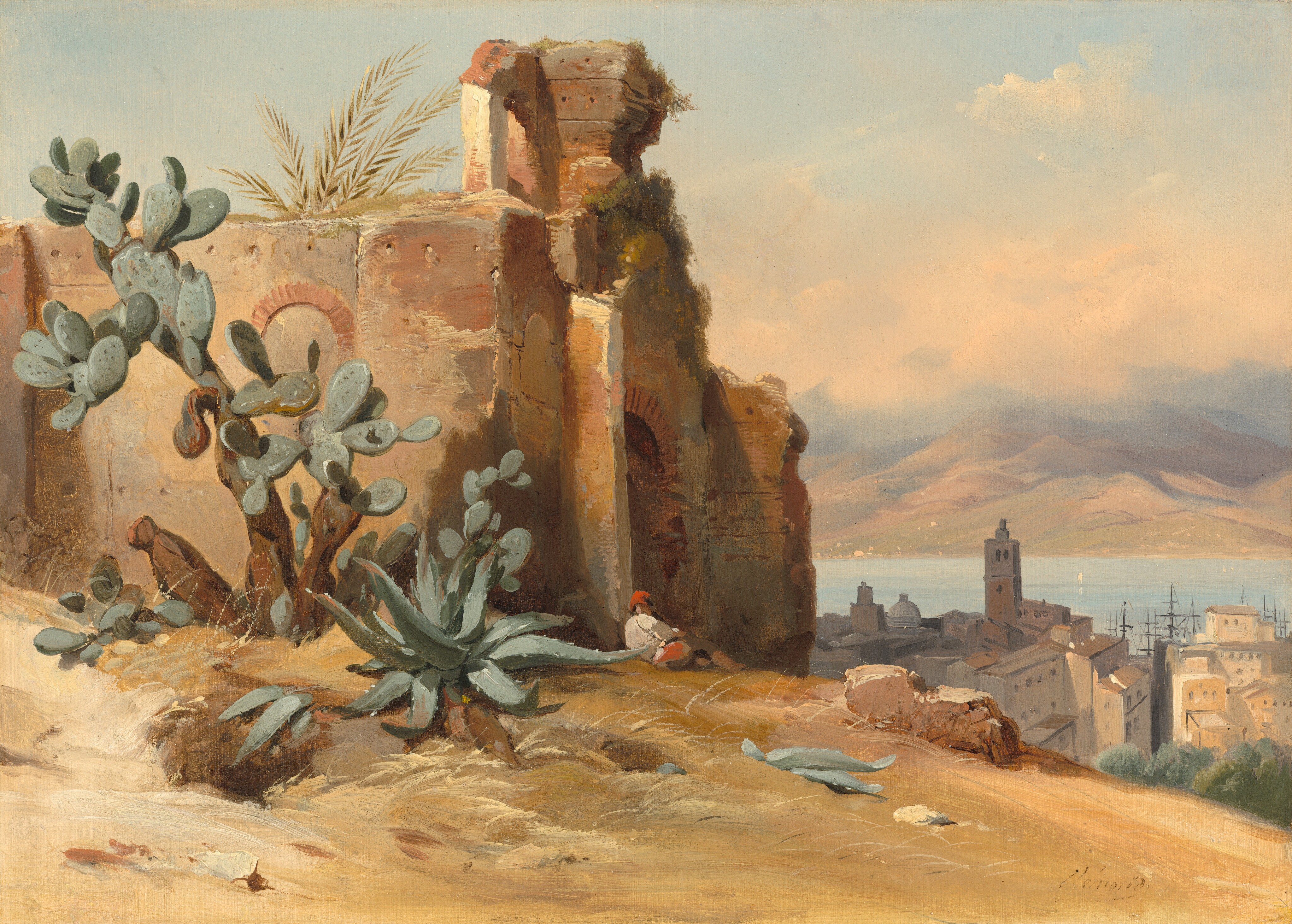 This painting depicts a coastal city viewed from an elevated perspective. Closest to us is the top of a hill; on the left side there are large green cacti and succulents on sandy, rocky ground, near the ruins of a sand-colored structure. A person in a red hat rests against the ruins. In the background on the right side of the painting, a cityscape at the bottom of the hill extends towards a blue body of water. The white and tan buildings below are packed closely together. In the distance there are more low mountains underneath a cloudy sky colored with light blue and muted peach tones.