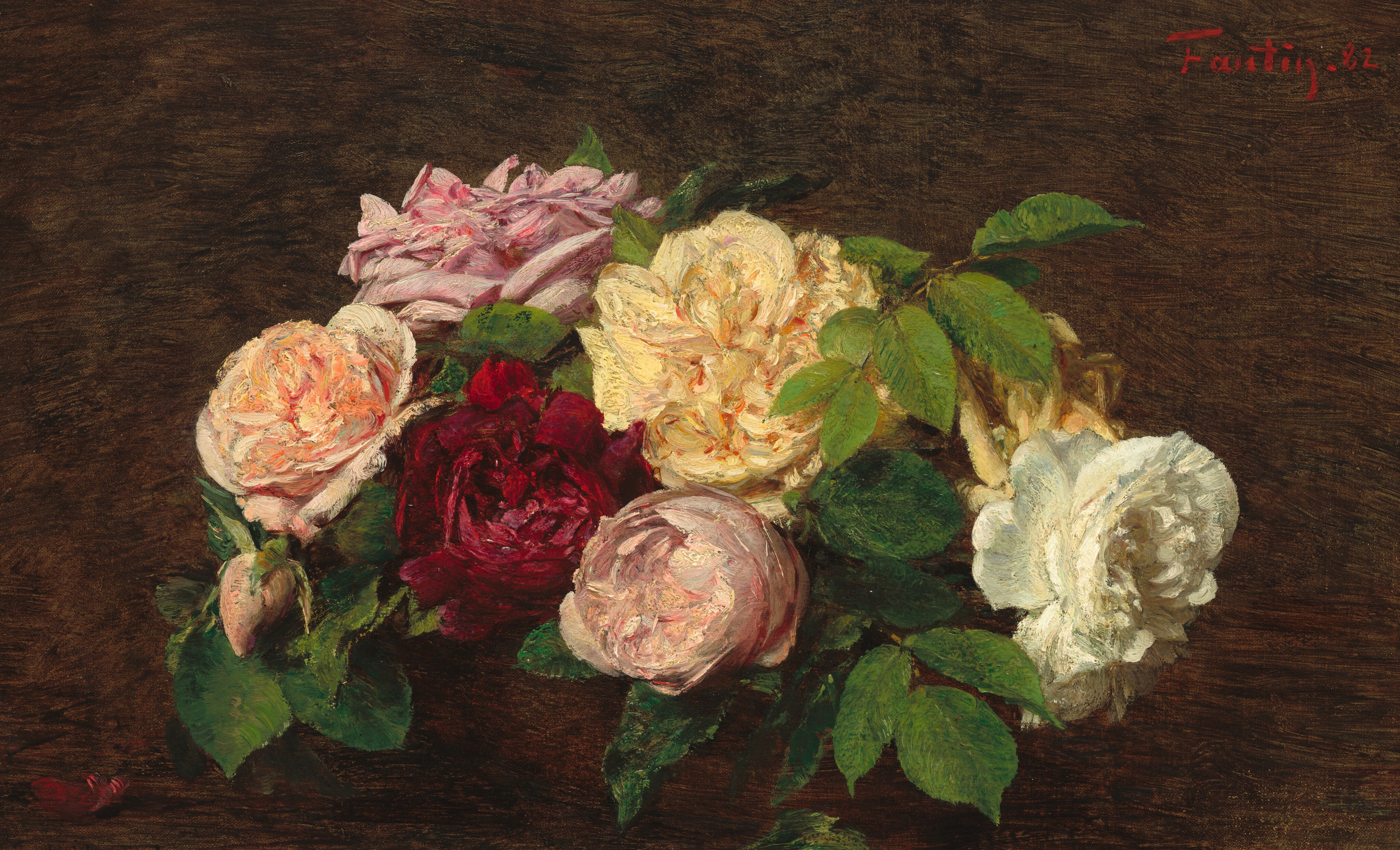 Seven roses in full bloom are clustered in a wide bouquet set against a dark brown background in this horizontal still life painting. The blossom to our left is peach, and a bud dips down in front of that flower. Behind it and to our right is a lavender pink rose, and then wine red, blush pink, and white. Two butter-yellow roses are along the top of the bouquet, and one of those faces away from us to the right. Spring-green leaves are interspersed throughout, and a single maroon-red petal sits lies on the table in the lower left corner of the composition. The scene is painted with visible brushstrokes, especially evident in the dark background. The artist signed and dated the painting with red paint in the top right corner, “Fantin. 82.”