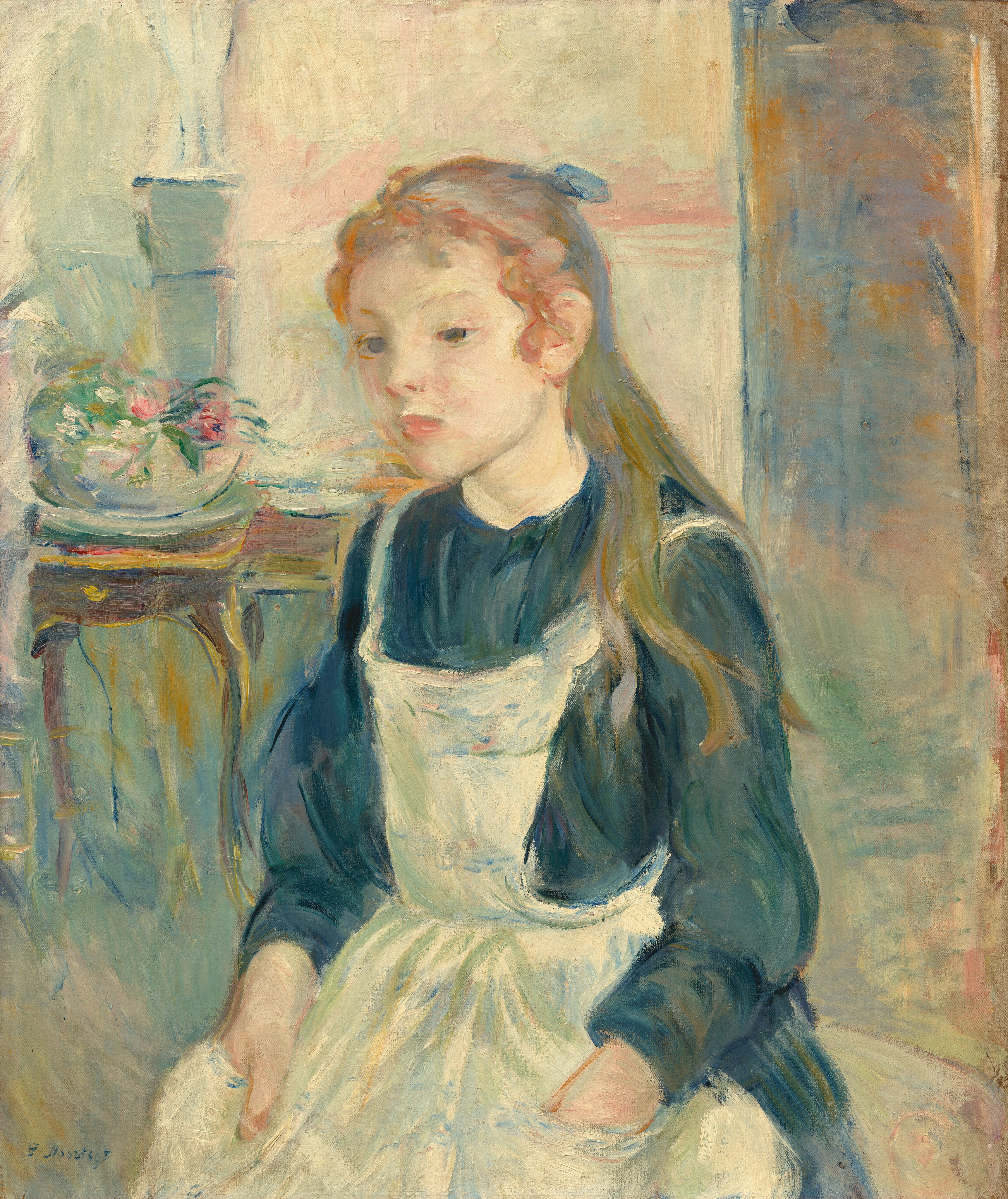 This painting displays a young girl sitting, her head and body slightly turned to the left. She has fair skin and light reddish-brown hair tied back with a blue ribbon, a few curls framing her face. She has a pointed chin, pale eyebrows, and small red lips in a neutral expression. She wears a dark blue dress with a white apron, and her hands are on her lap, inside pockets on the front of the apron. In the background, there is a room with a small brown table holding a vase of pink and white flowers. The wall is a light pink and cream color, and the floor is blue green. There is a darker section in the upper right that suggests a door or hallway. The brushstrokes in the painting are thick and visible, giving the background a blurred appearance.