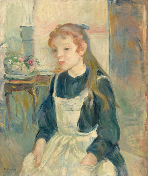 This painting displays a young girl sitting, her head and body slightly turned to the left. She has fair skin and light reddish-brown hair tied back with a blue ribbon, a few curls framing her face. She has a pointed chin, pale eyebrows, and small red lips in a neutral expression. She wears a dark blue dress with a white apron, and her hands are on her lap, inside pockets on the front of the apron. In the background, there is a room with a small brown table holding a vase of pink and white flowers. The wall is a light pink and cream color, and the floor is blue green. There is a darker section in the upper right that suggests a door or hallway. The brushstrokes in the painting are thick and visible, giving the background a blurred appearance.