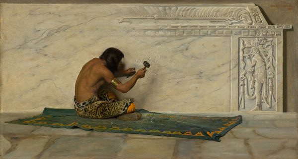 This painting shows the back view of a person sitting cross-legged on a blue-green mat or rug with yellow details, carving a large slab of white stone with gray marbling. The person has light brown skin and dark, straight hair, and they are wearing a gold arm band and a leopard print garment wrapped around their waist over what looks like orange pants visible at their knees. They hold a small chisel and hammer, and are carving small lines into the flat stone. The right and top edges of the stone slab have intricate patterns and designs, including the outline of a standing person wearing a feathered headdress, vines, animals, and geometric patterns. The floor below the person is more white marble, and the wall behind the slab is gray. The inscription "Geo. D. F. Brush" and the date "1881" are visible in the right corner.