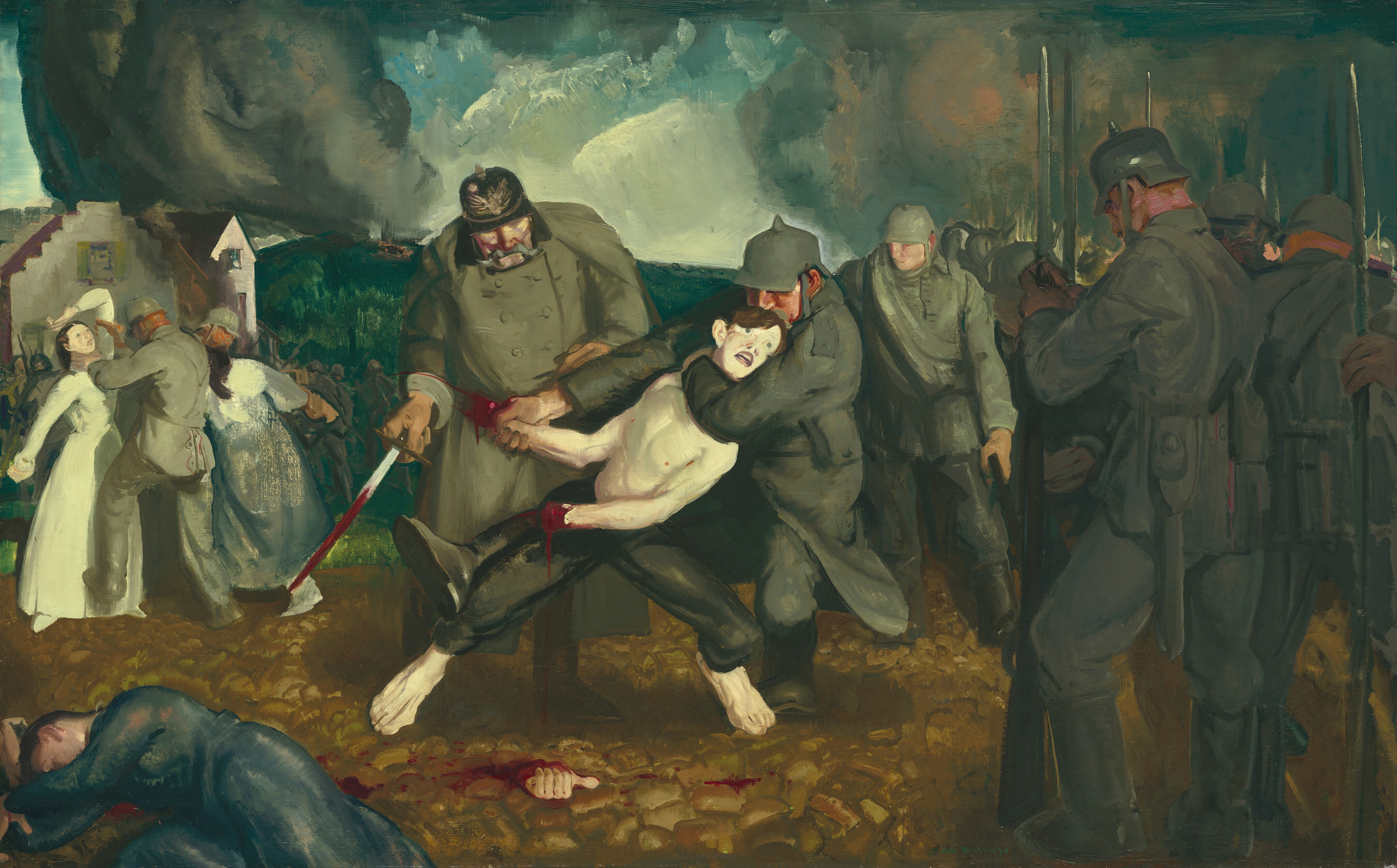 This painting depicts a scene of conflict with several people in military garb. In the center, a shirtless person with pale skin is being restrained by soldiers. The person’s wrists are bloody, and one severed, bloody hand lies on the ground beneath them. One of the soldiers restraining the person holds a long, bloody sword, while the other has the person in a headlock. Both of the soldiers wear long gray coats and have helmets with points at the top. In the bottom left corner, a person is on the ground, laying in a pool of blood. To the left of the central group, a soldier appears to choke a woman in a white dress, grabbing her neck and one of her arms. To the right, another woman is similarly restrained. The right side of the image shows a crowd of soldiers, all holding long weapons. The background shows a few houses and a green hill, and the blue sky above is filled with billowing gray smoke.