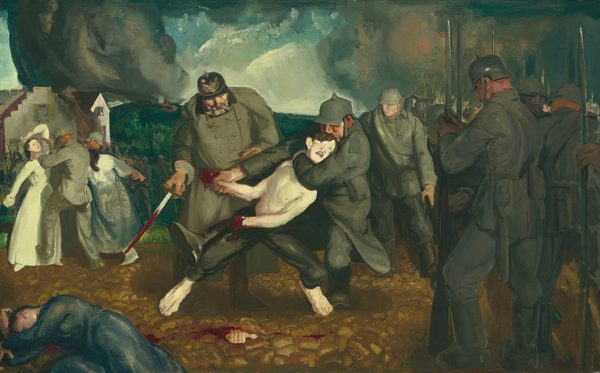 This painting depicts a scene of conflict with several people in military garb. In the center, a shirtless person with pale skin is being restrained by soldiers. The person’s wrists are bloody, and one severed, bloody hand lies on the ground beneath them. One of the soldiers restraining the person holds a long, bloody sword, while the other has the person in a headlock. Both of the soldiers wear long gray coats and have helmets with points at the top. In the bottom left corner, a person is on the ground, laying in a pool of blood. To the left of the central group, a soldier appears to choke a woman in a white dress, grabbing her neck and one of her arms. To the right, another woman is similarly restrained. The right side of the image shows a crowd of soldiers, all holding long weapons. The background shows a few houses and a green hill, and the blue sky above is filled with billowing gray smoke.