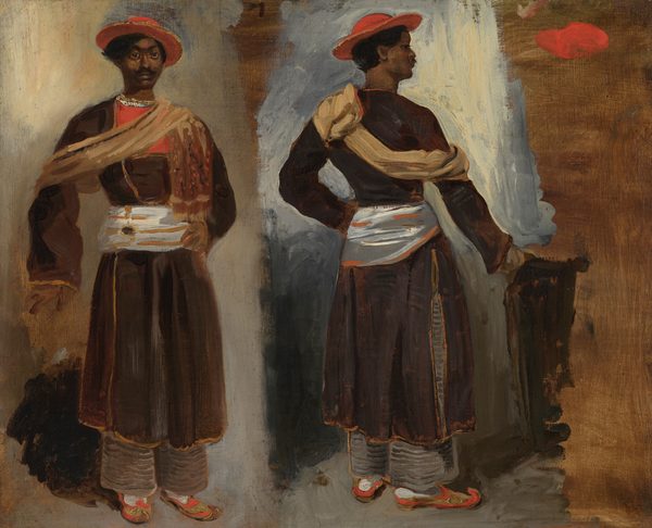 This painting shows a man depicted from two angles; on the left, he faces us, while on the right, his back is to us. In both views he wears the same clothes and is in the same position. The man has dark brown skin and a black mustache, with short black hair covered by a tilted red hat. He wears a long, brown, long-sleeved garment with a red section at his chest, a white sash around his waist, and a tan sash draped over his shoulders and across his chest. Under the garment he has striped gray pants and red sandals on his feet, the toes curved upwards. The man stands with one hand on his hip and the other hand placed on an indistinct object, possibly a chair. The background is painted in blurred shades of brown and gray.