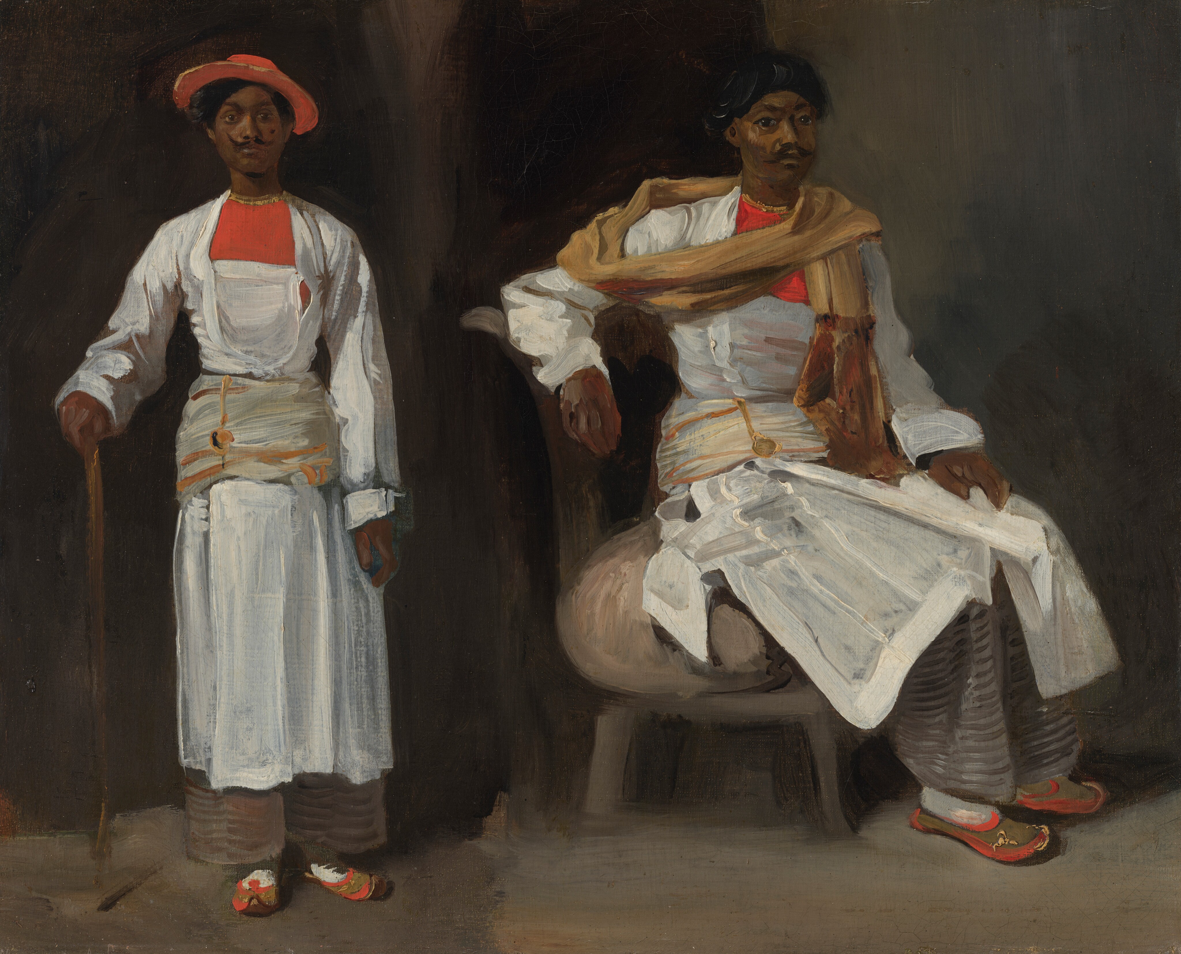 The painting contains two full-body depictions of a man with dark skin in different postures and clothing, placed next to each other against a dark background. On the left, the man stands upright, holding a cane. He has a dark mustache and a red hat over his dark hair, and he is wearing a white tunic with a red detail on the chest, brown trousers, a sash, and red-and-gold footwear. On the right, the man is seated on a chair with his arm on the armrest, with his dark hair visible and a gold scarf over the same white tunic. The background is dark brown.