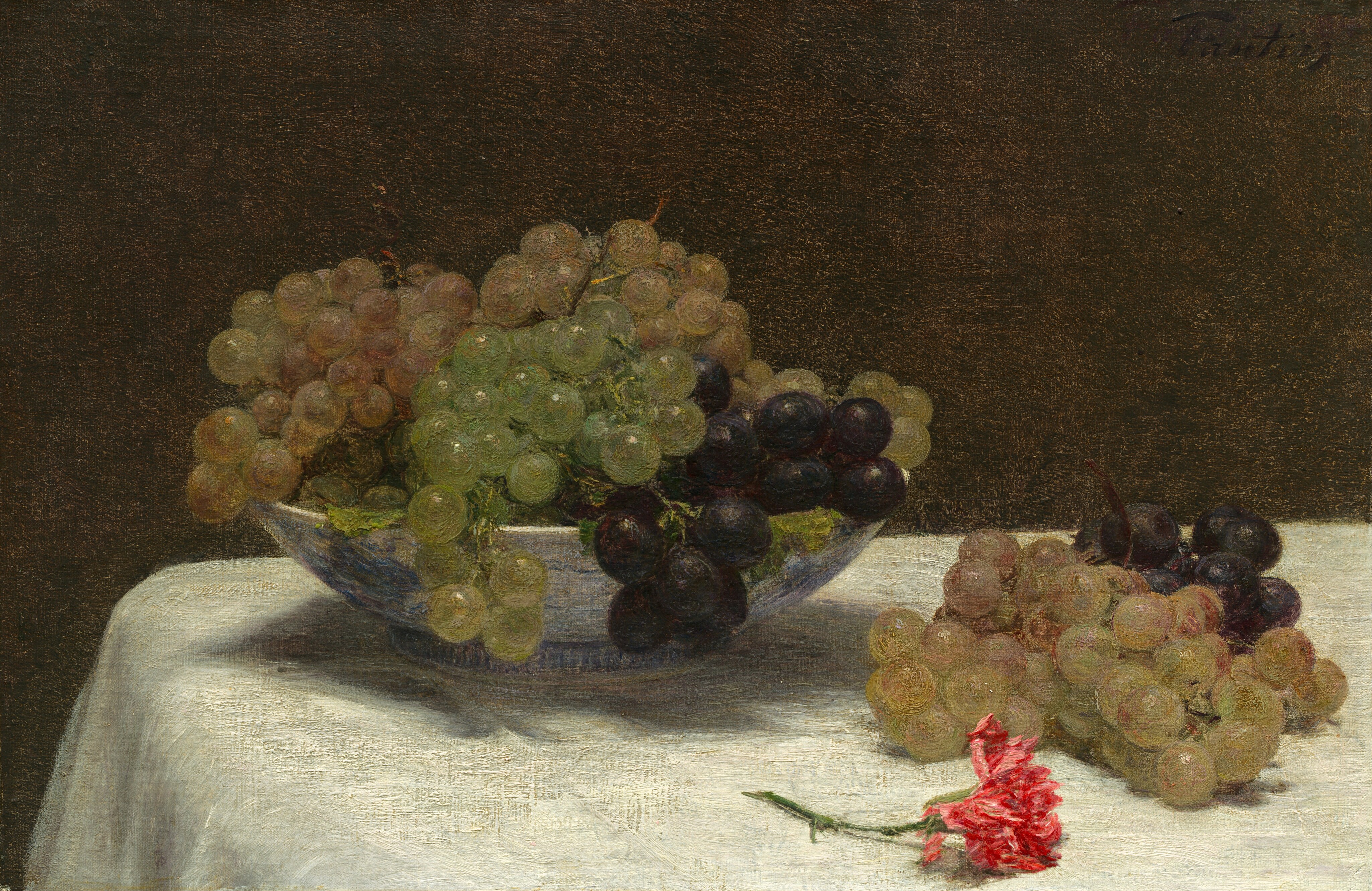A blue and white bowl overflowing with grapes, two loose bunches of grapes, and a vivid pink carnation lie on a white tablecloth against a dark brown background in this still life painting. The grapes vary from bright, translucent green, green with pink tones, and dark purple. The bowl is to the left of center, and it and the grapes it holds take up most of the left two-thirds of the composition. A bunch of grapes shaded green and pink and a bunch of dark, almost black grapes sits to the right of the bowl, and the short-stemmed carnation lies between us and those loose bunches. The table continues off the right edge of the canvas and comes to an end just short of the left edge. The artist signed the painting in the top right corner, “Fantin.”