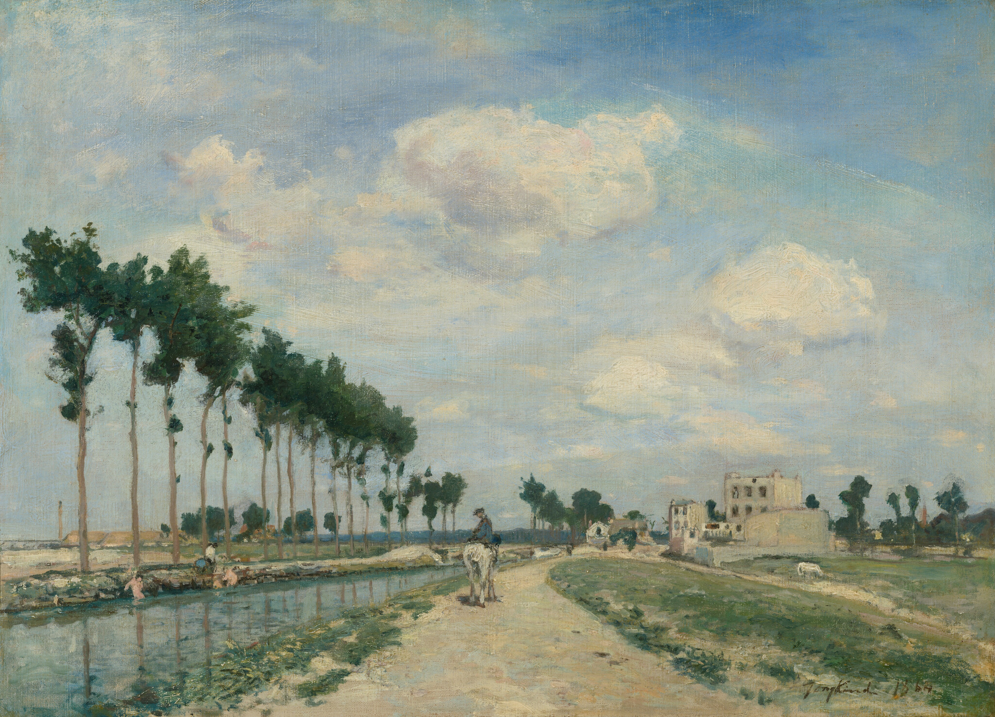 This painting shows a landscape with a horizon in the lower third of the composition. On the left side of the painting, there are tall trees along a canal. In the center is a dirt path on the other edge of the canal, with a person riding a donkey who looks over their shoulder towards us. On the right side, there are white buildings in the distance, with a grassy field leading towards them. The light blue sky is filled with fluffy clouds, and the water of the canal reflects the sky and trees. The brushstrokes of the painting are thick and visible, especially in the sky.
