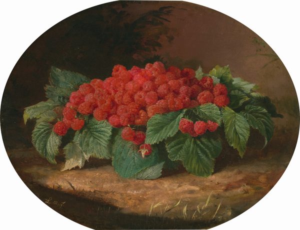 In this oval painting, a cluster of ripe red raspberries is surrounded by green leaves.  The raspberries are in the center of the painting, surrounded by the leaves that extend towards the edges. Some berries hang from thin green stems over the leaves, towards the light brown ground. The background includes some shadowed green plants and a brown sky.