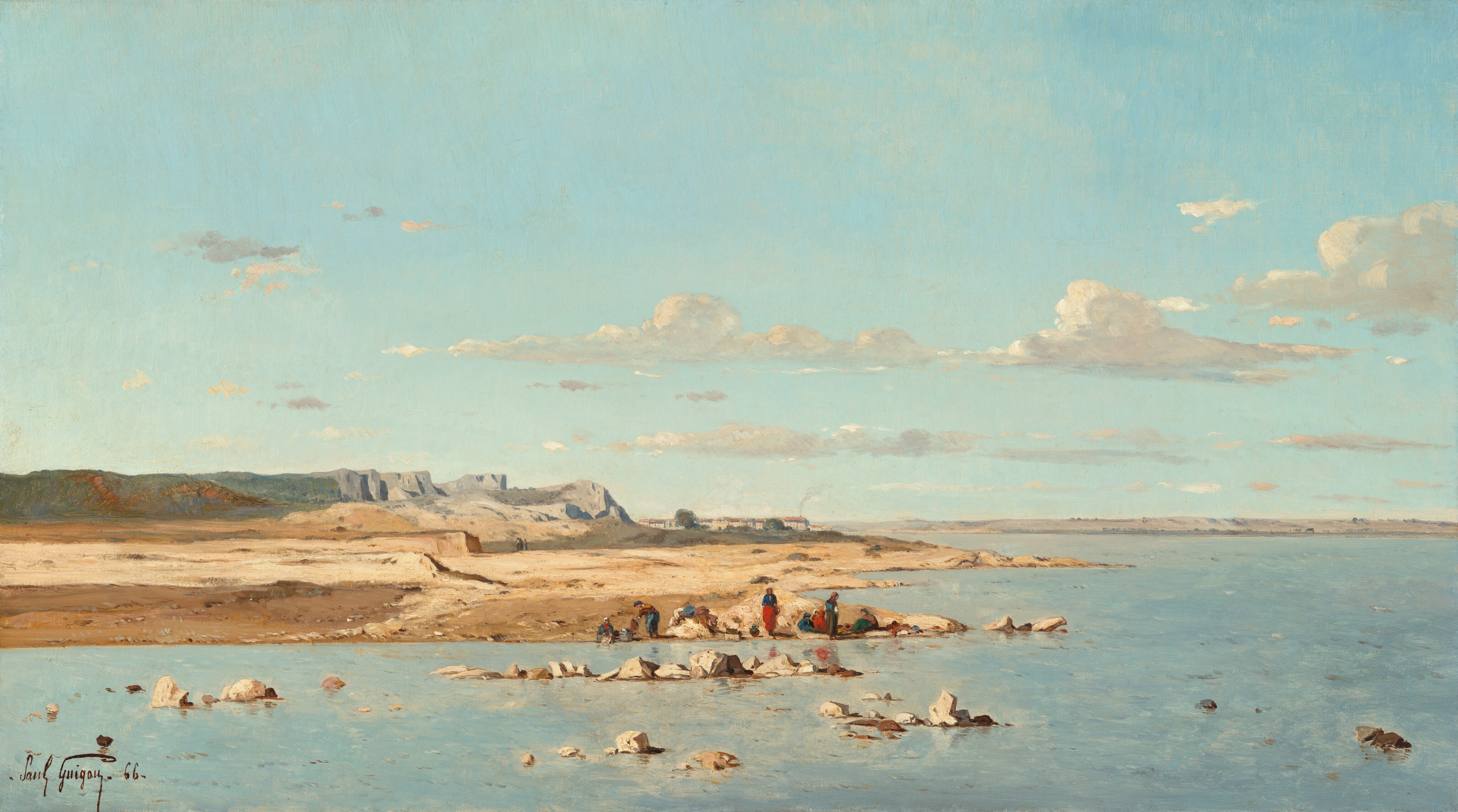This painting shows a serene body of water and a rocky coast stretching to the horizon. In the center of the painting, indistinct people gather on a rocky strip near the water wearing clothes in shades of red, blue, and brown. In front of them, closest to us, small tan and brown rocks poke through the still blue water. In the distance on the left are rocky gray mountains and a group of far-away buildings with white walls and red roofs. On the right, the water continues until it reaches a distant shoreline. Fluffy clouds are visible in the wide blue sky above.