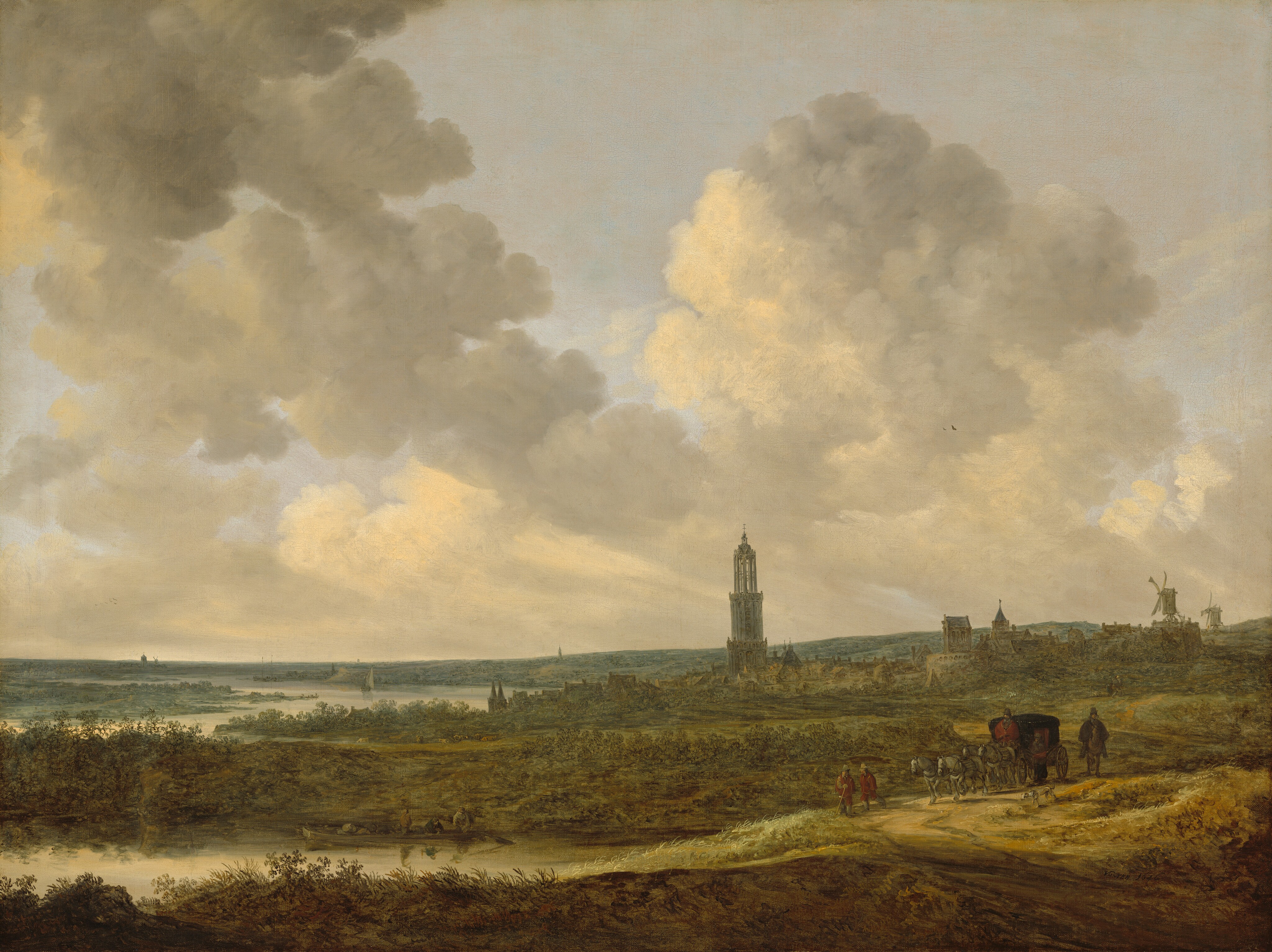 We look across low, rolling hills at a skyline with a tower, windmills, church steeples, and the rooflines of a distant town, beneath a pale blue sky filled with billowing white and ash-gray clouds in this horizontal landscape painting. The horizon line comes about a third of the way up the composition. The grass and scrubby vegetation closest to us is warmed with sunlight coming from the left side, and is painted in tones of mustard yellow, chocolate brown, and hints of sage green. The light falls across a road curving in from the lower right, where a group travels toward us. Two men wearing soft hats and rust-red tunics walk before a black carriage pulled by four gray horses. The coachman is wrapped in a cloak the same red as the men in front, and one occupant is visible inside. A man on horseback, dressed in a dark cloak and hat, rides alongside, with a skinny, pale brown dog trotting in front of him. A narrow, gleaming sliver of water with a flat-bottomed boat is to the left, just beyond the road. We see the boat from the long side, with three men near one end and bundles in the other. Another sailboat floats in the river, which winds into the distance to our left. Two more masted ships are docked in the distance, their sails furled. The clouds cast the back half of the landscape in shadow, so it is painted in cool tones of laurel green to capture the densely packed buildings of the town. Windmills and spires suggest more towns along the rise and in the deep distance. The artist signed and dated the painting in the lower right corner, “VGoyen 1646.”