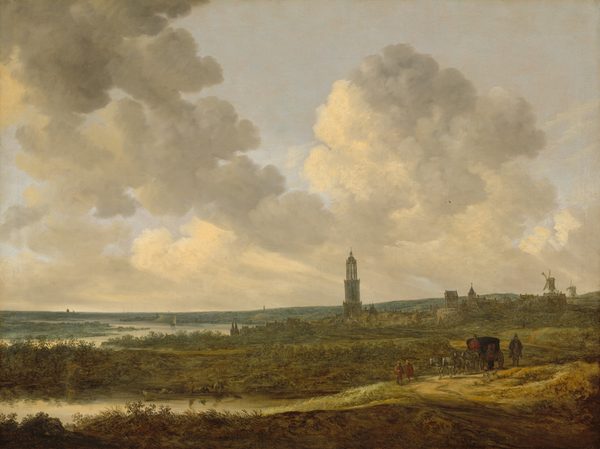 We look across low, rolling hills at a skyline with a tower, windmills, church steeples, and the rooflines of a distant town, beneath a pale blue sky filled with billowing white and ash-gray clouds in this horizontal landscape painting. The horizon line comes about a third of the way up the composition. The grass and scrubby vegetation closest to us is warmed with sunlight coming from the left side, and is painted in tones of mustard yellow, chocolate brown, and hints of sage green. The light falls across a road curving in from the lower right, where a group travels toward us. Two men wearing soft hats and rust-red tunics walk before a black carriage pulled by four gray horses. The coachman is wrapped in a cloak the same red as the men in front, and one occupant is visible inside. A man on horseback, dressed in a dark cloak and hat, rides alongside, with a skinny, pale brown dog trotting in front of him. A narrow, gleaming sliver of water with a flat-bottomed boat is to the left, just beyond the road. We see the boat from the long side, with three men near one end and bundles in the other. Another sailboat floats in the river, which winds into the distance to our left. Two more masted ships are docked in the distance, their sails furled. The clouds cast the back half of the landscape in shadow, so it is painted in cool tones of laurel green to capture the densely packed buildings of the town. Windmills and spires suggest more towns along the rise and in the deep distance. The artist signed and dated the painting in the lower right corner, “VGoyen 1646.”