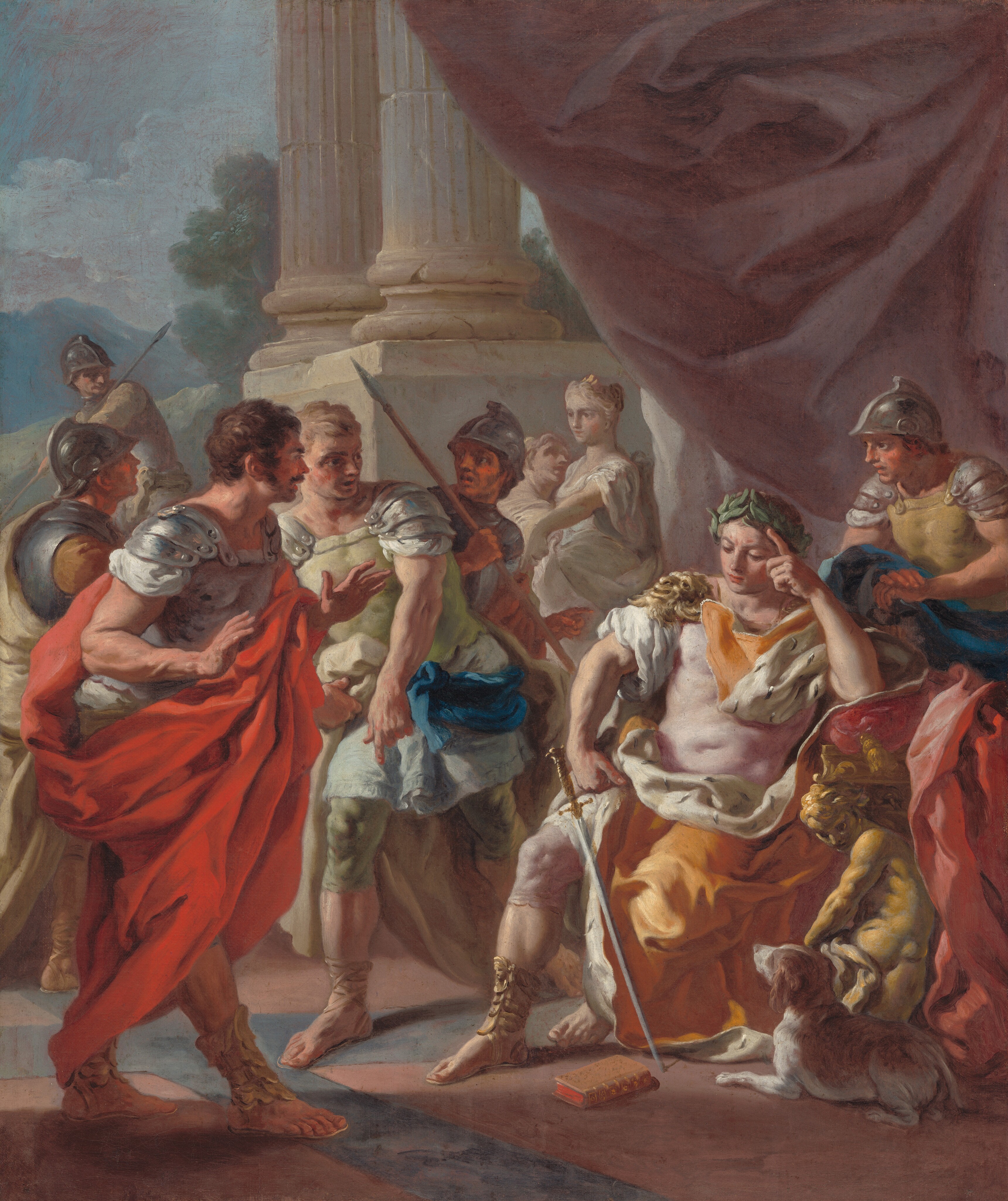 In this painting, several people dressed in classical attire are gathered around a man on the right, who is wearing a laurel wreath. He appears to sit on an ornately carved throne or chair, and a small brown-and-white dog sits by his feet. His brow is furrowed, and he rests his head on his hand. He is wrapped in a rich yellow cloak lined with white fur. Several people are gathered around him, some in silver armor. Behind the group are two large white columns on the left, and on the right is a draped purple curtain. Behind the columns, blue sky and distant hills are visible.