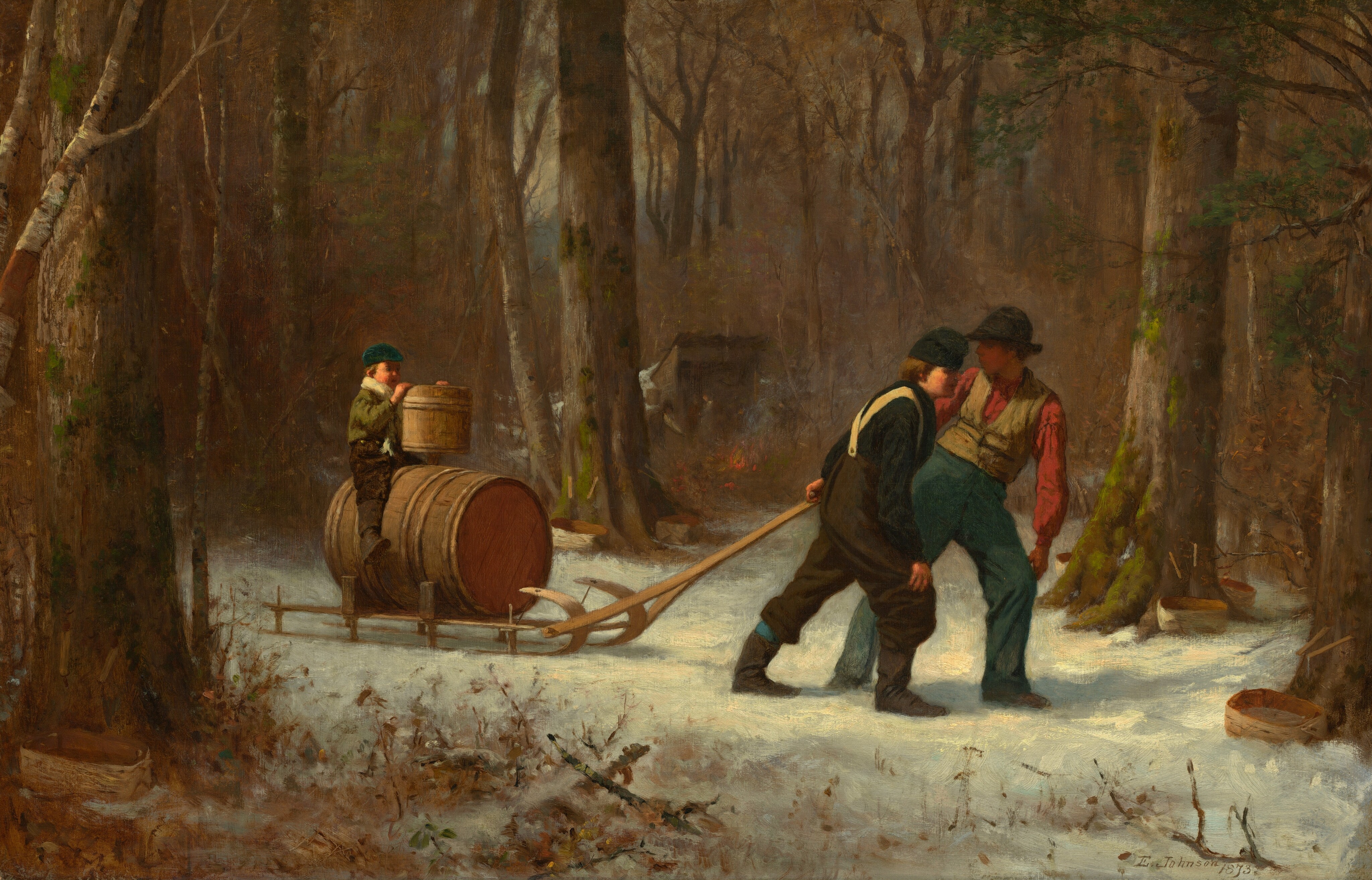 This painting depicts a snowy forest scene with a path running through tall, leafless trees. On the path in the center of the painting, two men are pulling a sled loaded with barrels towards the right, while a small child sits on the barrels, holding a wooden bucket. The men wear long pants, vests, and hats in shades of blue, brown, black, red, and tan, while the child wears brown pants and a green jacket with a white scarf and a blue hat. All three people have light skin and brown hair. The forest around them is dense, made up of mostly brown trees and branches with a hint of pale gray sky in the background. Behind the people, in the trees, there also appears to be a small wooden structure with a faint orange fire.