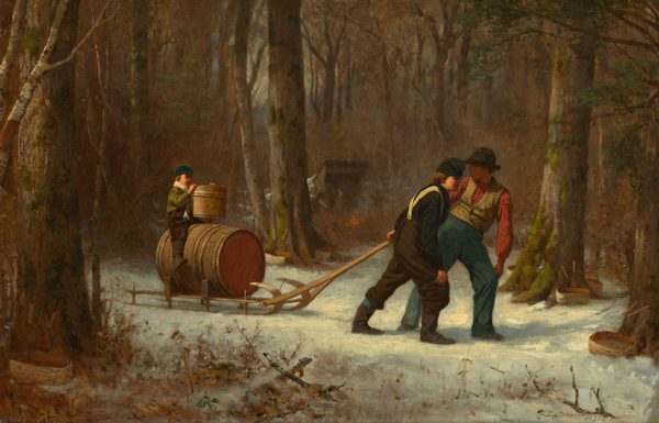 This painting depicts a snowy forest scene with a path running through tall, leafless trees. On the path in the center of the painting, two men are pulling a sled loaded with barrels towards the right, while a small child sits on the barrels, holding a wooden bucket. The men wear long pants, vests, and hats in shades of blue, brown, black, red, and tan, while the child wears brown pants and a green jacket with a white scarf and a blue hat. All three people have light skin and brown hair. The forest around them is dense, made up of mostly brown trees and branches with a hint of pale gray sky in the background. Behind the people, in the trees, there also appears to be a small wooden structure with a faint orange fire.