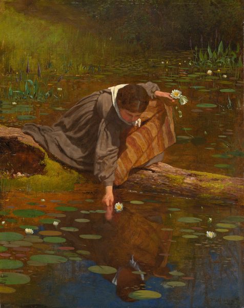 This is a painting of a woman reaching to pick a water lily from a pond. She is crouching atop a fallen log, leaning over to submerge her right hand in the water. She wears a long gray dress with a striped, brown cloth in the front like an apron, with a white cloth tied around her neck. She has pale skin and dark brown hair tied in an updo. As her face is pointed downward towards the water, her facial features are mostly obscured. In her left hand, she holds a cluster of other water lilies. The water surrounding the log is speckled with lily pads, more white lilies, and tall reeds. The water is mostly brown, with the reflection of the woman and the reflection of a blue sky at the bottom of the painting, although we can't see the sky itself. In the background, dark green plants and foliage surround the edge of the pond.