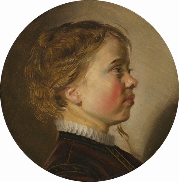 This round portrait painting shows the head, face, and the top of the shoulders of a young, blond boy with pale, peachy skin and flushed cheeks, facing our right in profile against a tan background. Light comes from behind us and to our left, so the boy’s cheek, jawline, and ear are brightly lit as he looks straight ahead, to our left. He has long, dark eyelashes, a turned-up nose, and his full, coral-pink lips are closed. The cheek we see is deeply flushed along the curve, near the nose and mouth. His short, light brown hair is highlighted with gold strands where it catches the light. A long tendril falls down past his chin on the far side of his face. He wears a fitted jacket, perhaps of brown velvet, stitched along the seams in a lighter golden color. The narrow, white ruff encircling his neck above the jacket is pleated to create a pattern of figure-eights. The background is lighter to our right and deepens to a brownish olive green to our left. The portrait is somewhat loosely painted with visible brushstrokes.