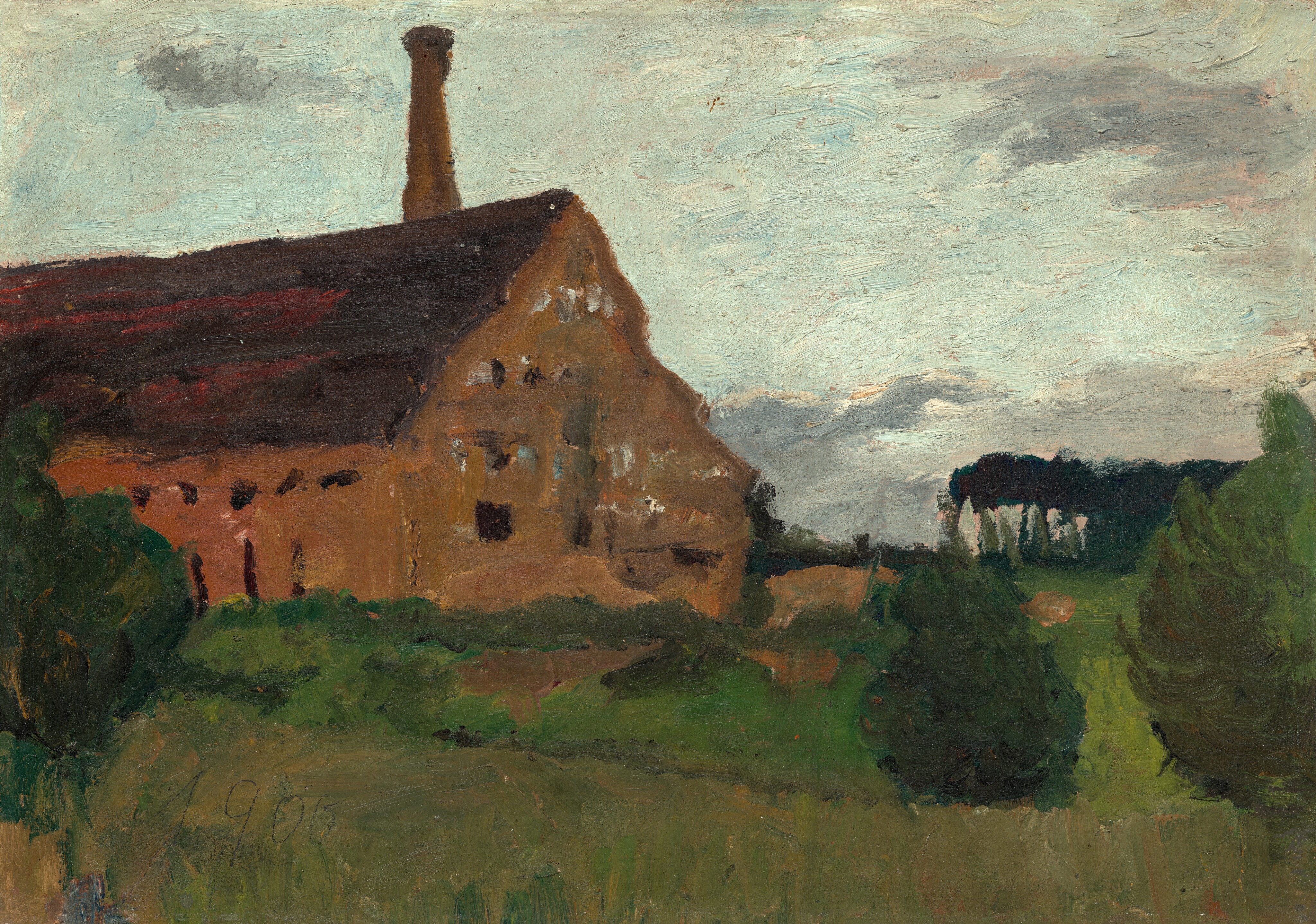 This painting shows a large brown building from the side. The building is on the left, with a tall chimney and several layers of windows. On the right, the horizon is dotted with dark trees. Closer to us is a green field with small bushes on it. The sky at the top of the painting is pale blue with gray clouds. The brushstrokes in the painting are thick and textured, creating a sense of movement in the sky and landscape.