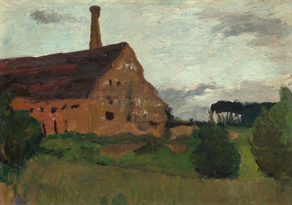 This painting shows a large brown building from the side. The building is on the left, with a tall chimney and several layers of windows. On the right, the horizon is dotted with dark trees. Closer to us is a green field with small bushes on it. The sky at the top of the painting is pale blue with gray clouds. The brushstrokes in the painting are thick and textured, creating a sense of movement in the sky and landscape.