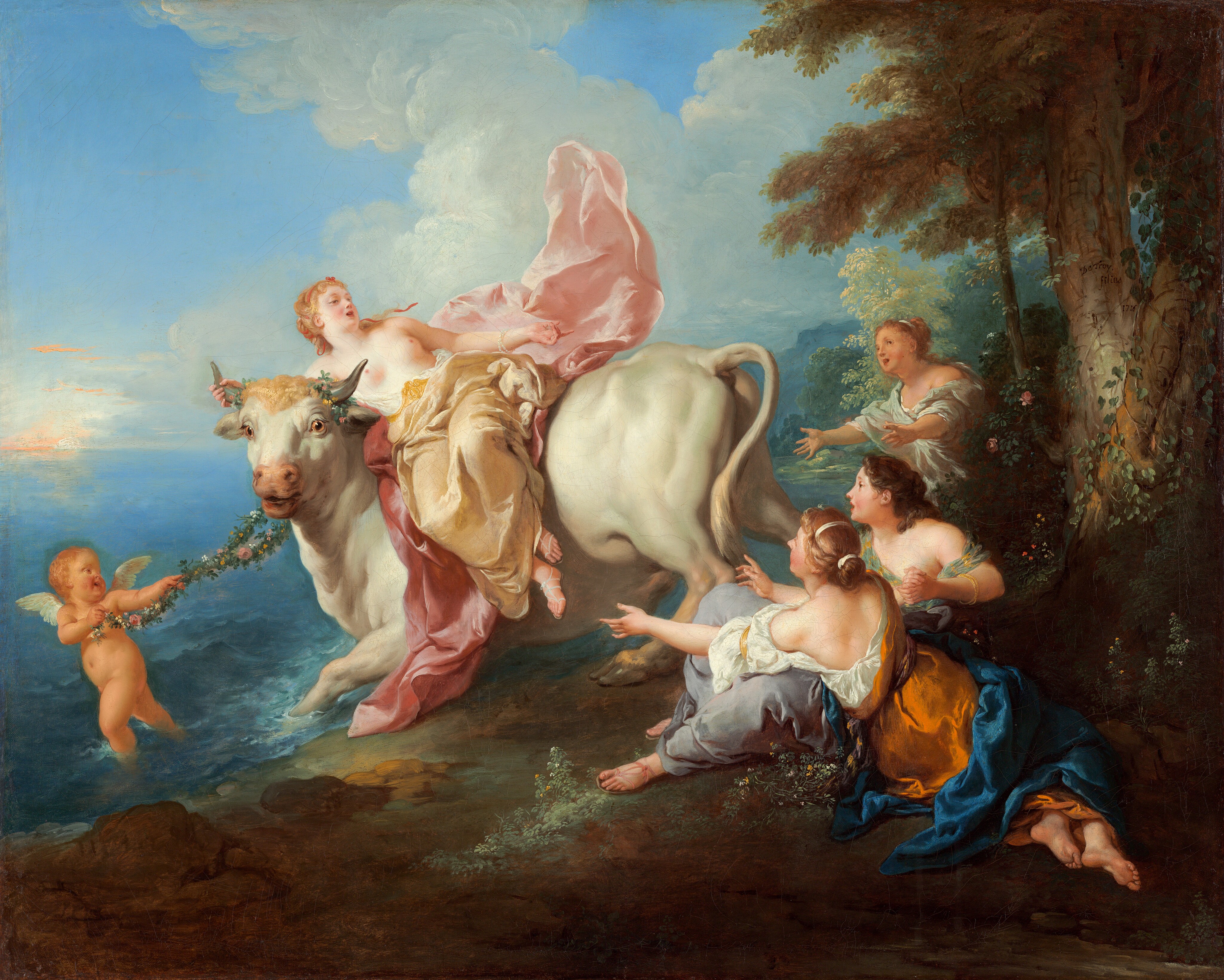 A bare-chested, blond woman sits sideways on a muscular, large, white bull, who charges into an ocean while three women look on in this horizontal painting. All the people have pale or peachy skin and rosy cheeks. The bull is being pulled to our left by a winged, nude, baby-like putto wading into the water. The putto has pudgy arms, a round tummy, and short, blond, curly hair. He looks back over his shoulder and smiles as he reaches along a garland of leaves and flowers, used to pull the bull. The bull turns his head to look over our left shoulder with bright, golden eyes. His front legs plunge into the azure-blue water. Rings of flowers encircle his short, steel-gray horns. The woman riding atop, Europa, leans across the bull’s neck and one hand clutches one of the bull’s horns. She looks and gestures with her other hand to the group behind the bull, to our right. Europa’s blond hair is woven with a deep pink ribbon. Her eyes are slitted as she looks down her nose, her pink lips open. Pale, shimmering yellow fabric covers her legs over sandaled feet. She sits on a rose-pink cloth that also billows up behind her. She wears two pearl bracelets on her gesturing hand. The three women looking on sit and stand near a tree trunk in a dense wooded area in the lower right quadrant of the painting. Their mouths are open, their hair bound, and they wear flowing robes of bronze orange, royal blue, lavender gray, or pale mint green. One woman has dark brown hair and sits with one elbow propped on a tree root.  Her hands are clasped and she wears gold bracelets. Another woman leans across her lap, her arms outstretched toward Europa, her back to us. The third woman stands and leans in behind this pair, also reaching out toward Europa. A deeply shaded rocky ground stretches across the bottom of the canvas, and a leafy tree extends off the top right corner. Dense vegetation becomes lighter and hazier in the distance, to our right. A bright dot of cream white surrounded by coral peach on the ocean’s horizon suggests the sun. In the top half of the picture, towering puffy clouds rise against a topaz-blue sky.