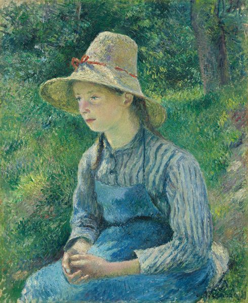Shown from the lap up a pale-skinned young girl sits in a grassy landscape in this vertical painting. The girl and surroundings are painted with visible strokes and dashes of mostly vivid greens and blues, which give the scene a soft look. The girl sits angled to our right and she looks off in that direction from heavy-lidded, aqua-colored eyes. She has an oval face, full cheeks, and a round chin. The bridge of her nose is touched with pink, and the shadows under her chin are tinged with green. Her brown hair is mostly covered by a wide-brimmed straw hat tied with a thin brick-red ribbon around the base of the high crown. She wears a sky-blue pinafore over a long-sleeved, collared shirt with vertical light and dark blue stripes. Her hands are folded loosely in her lap. The background is filled with dappled greens and hints of shadow, suggesting filtered sunlight and trees, though the forms are not sharply defined.
