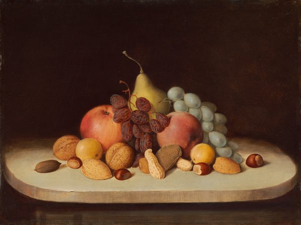 Several pieces of fruit, a bunch of green grapes, a stem of raisins, and several types of nuts in their shells are piled on a putty-brown tabletop or ledge with rounded corners against a dark background in this horizontal still life painting. The food is brightly lit from the front, and we look slightly down onto the table. There are two round red apples and two pieces of small yellow fruit, perhaps quinces, flanking a golden yellow pear at the back center. The bunch of grapes drapes over the fruit to our right and the raisins lie between the apples. Thirteen walnuts, peanuts, almonds, hazelnuts, and perhaps a brazil nut are scattered in a loose band in front of the fruit. The surface on which the still life sits becomes swallowed in shadow behind the fruit, and blends into the dark brown background. The artist signed and dated the work in dark paint in the lower right corner, almost lost in shadow under the ledge: “R.S. Duncanson 1848.”