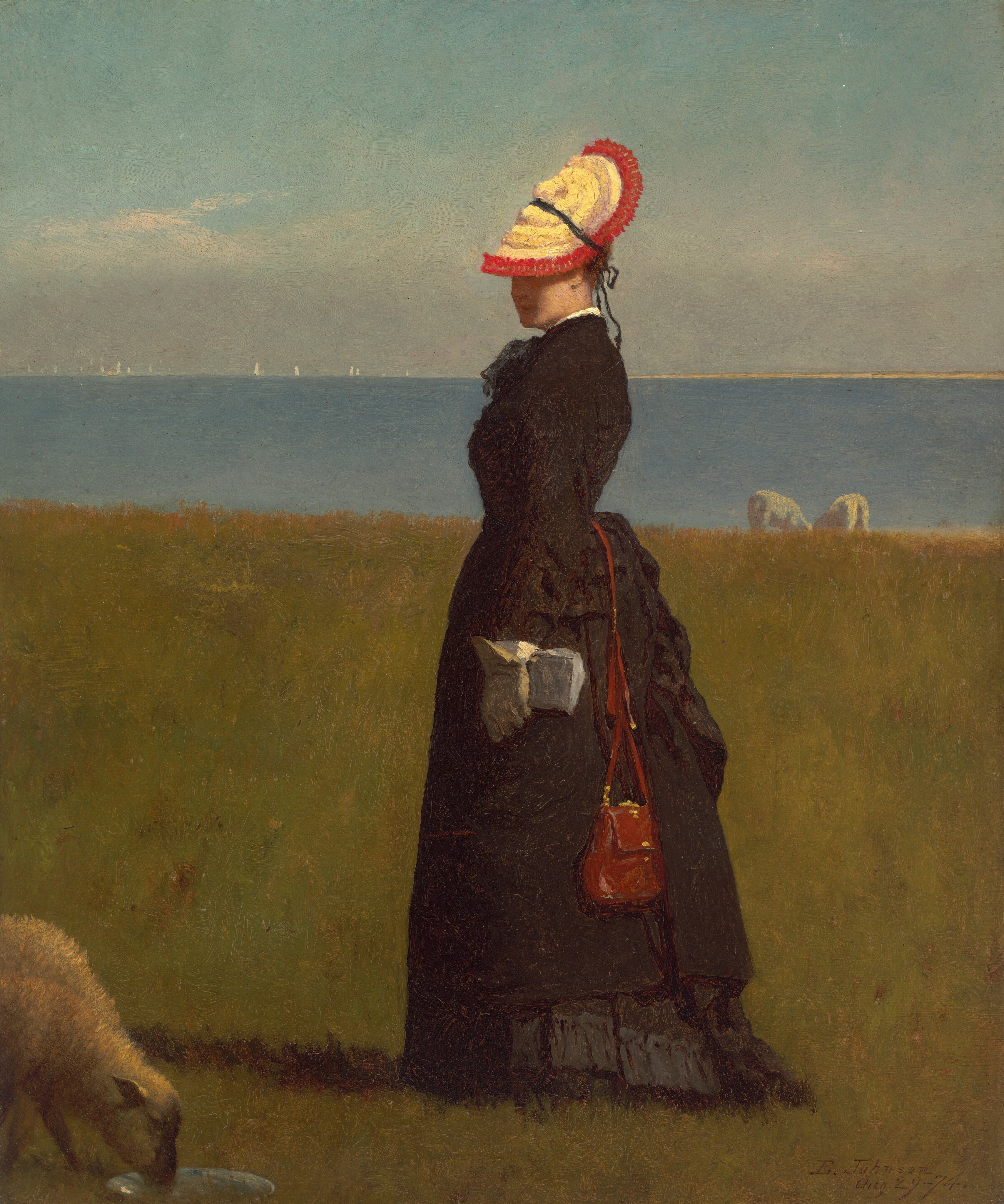 This painting shows a woman standing outdoors, facing the left. She has pale skin, and her face is in shadow, obscured by a wide-brimmed flat white hat with a red stripe around the edge, tied with a black bow behind her head. She wears a long black dress with a fitted bodice, a bustle, and black lacy decorations. She has a red bag that appears to hang from her waist and wears tan gloves. In her hand she holds a small rectangular object that could be a small bag or closed book. She stands on a grassy field with a body of water in the background under the light blue cloudy sky. A small white sheep drinks from a saucer in the bottom left corner, and more sheep are visible grazing in the background on the right. A few white sailboats dot the calm water on the horizon.
