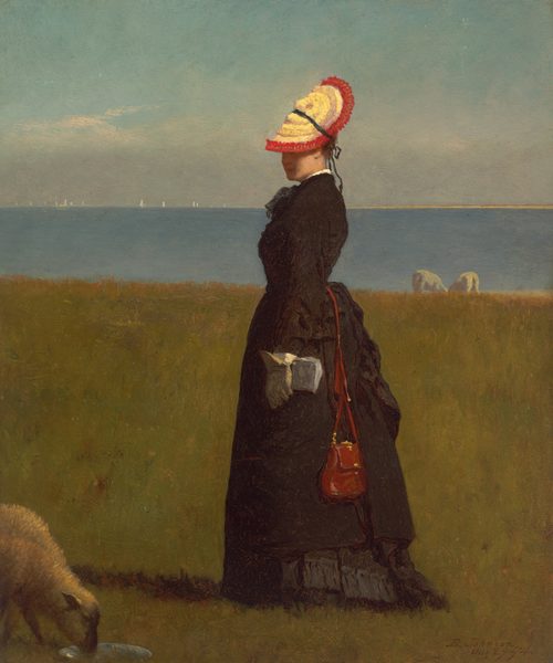 This painting shows a woman standing outdoors, facing the left. She has pale skin, and her face is in shadow, obscured by a wide-brimmed flat white hat with a red stripe around the edge, tied with a black bow behind her head. She wears a long black dress with a fitted bodice, a bustle, and black lacy decorations. She has a red bag that appears to hang from her waist and wears tan gloves. In her hand she holds a small rectangular object that could be a small bag or closed book. She stands on a grassy field with a body of water in the background under the light blue cloudy sky. A small white sheep drinks from a saucer in the bottom left corner, and more sheep are visible grazing in the background on the right. A few white sailboats dot the calm water on the horizon.
