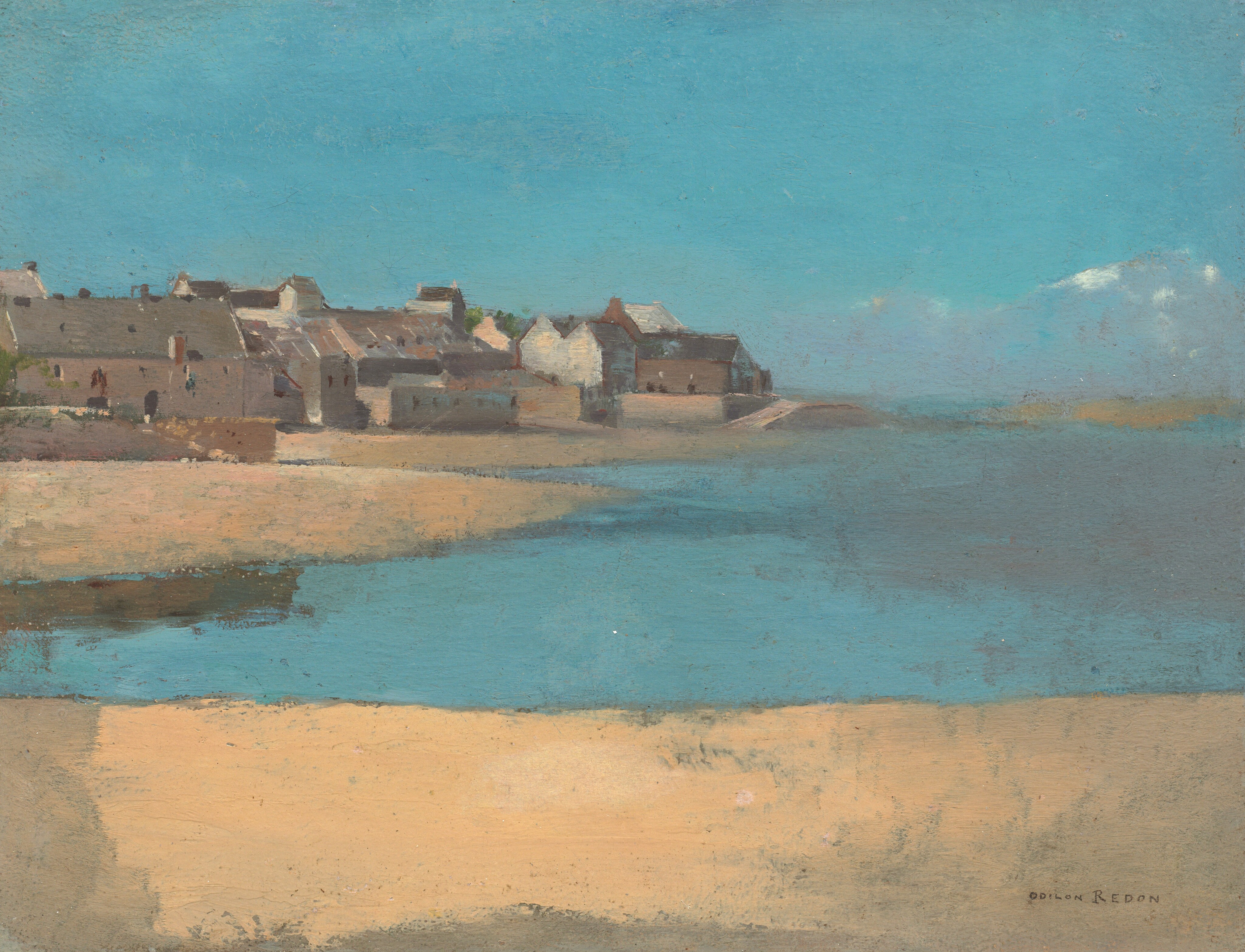 This painting depicts a coastal scene overlooking a quiet shore. At the bottom of the painting, an open sandy expanse leads to blue waters. On the other side of the water, to the left of the painting, is another shoreline with several small white and brown buildings. The buildings have pointed roofs, arched doors, and small chimneys. The sky behind the building is the same bright blue as the water, and on the right is the vague outline of a mountain range in light purple. The brushstrokes are soft and loose, and are especially visible in the shore, water, and sky.