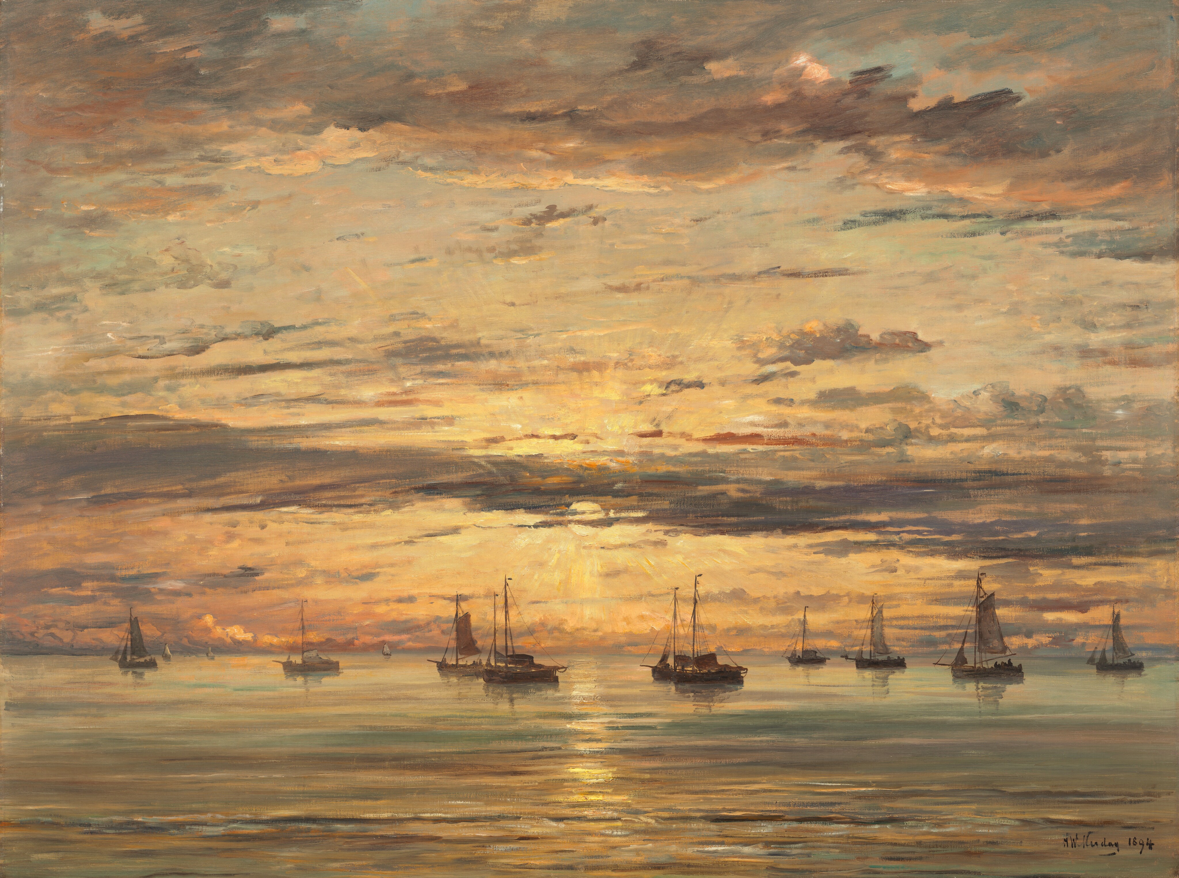 The painting depicts a seascape. The horizon is in the lower third of the composition, where the sky meets the calm sea. In front of it are multiple sailing ships floating on the water in the distance. Above the water, the sun is setting, and dark purple clouds cross the pale-blue sky. The sun casts pale yellow and orange light on the sky and sea, while there are cooler blues and muted grays in the water and shadows of clouds.