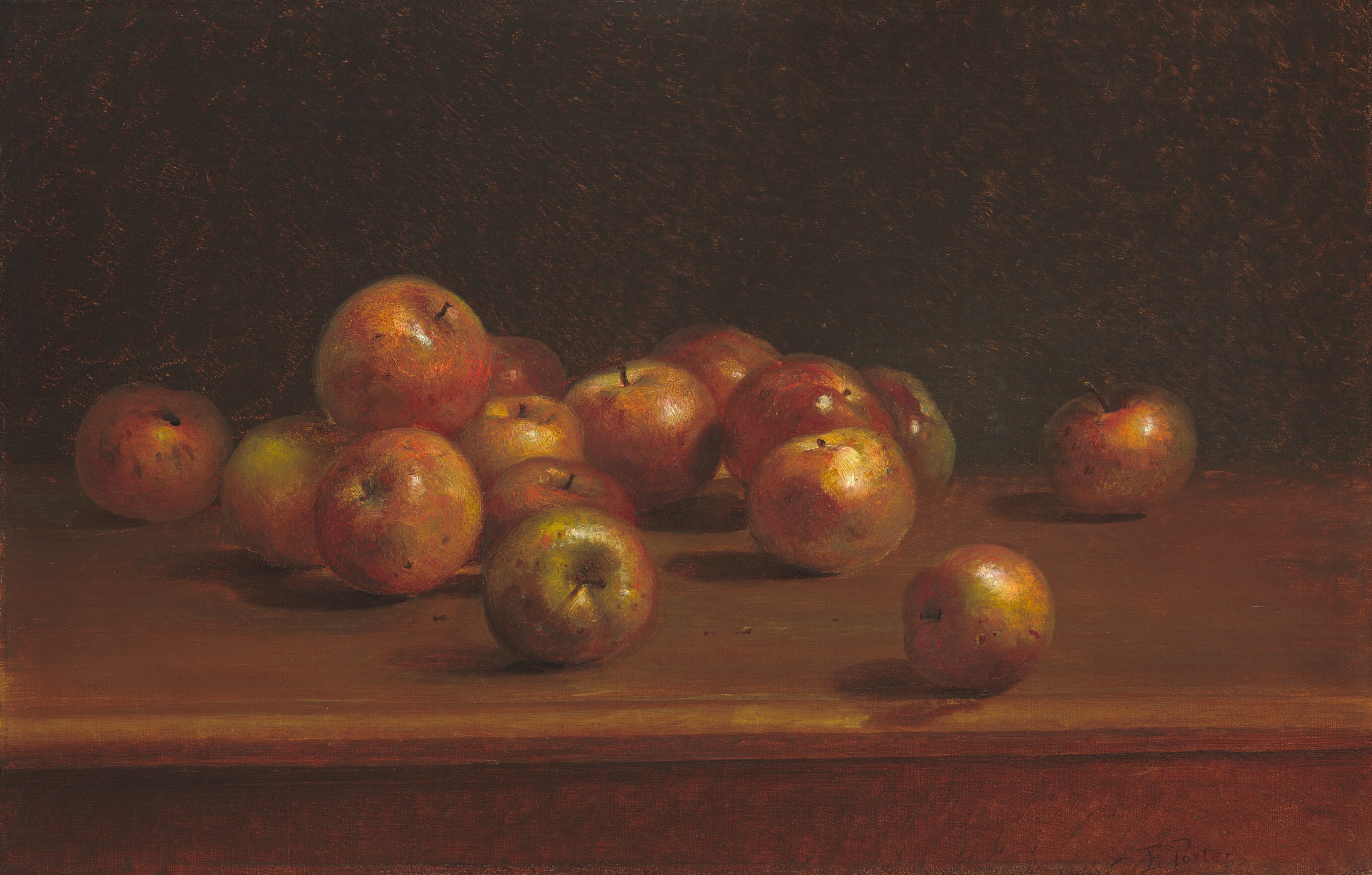 In this painting, a pile of apples is spread out on a wooden surface, with some stacked atop each other. The apples are predominantly red, but some have large patches of light green or yellow. They have short brown stems. The main pile of apples is slightly to the left of center, and some apples are away from the pile, towards the edges of the surface. The apples cast shadows on the wooden surface, suggesting a light coming from the right side. The light also reflects off of the apples. Behind the apples is a dark gray wall.
