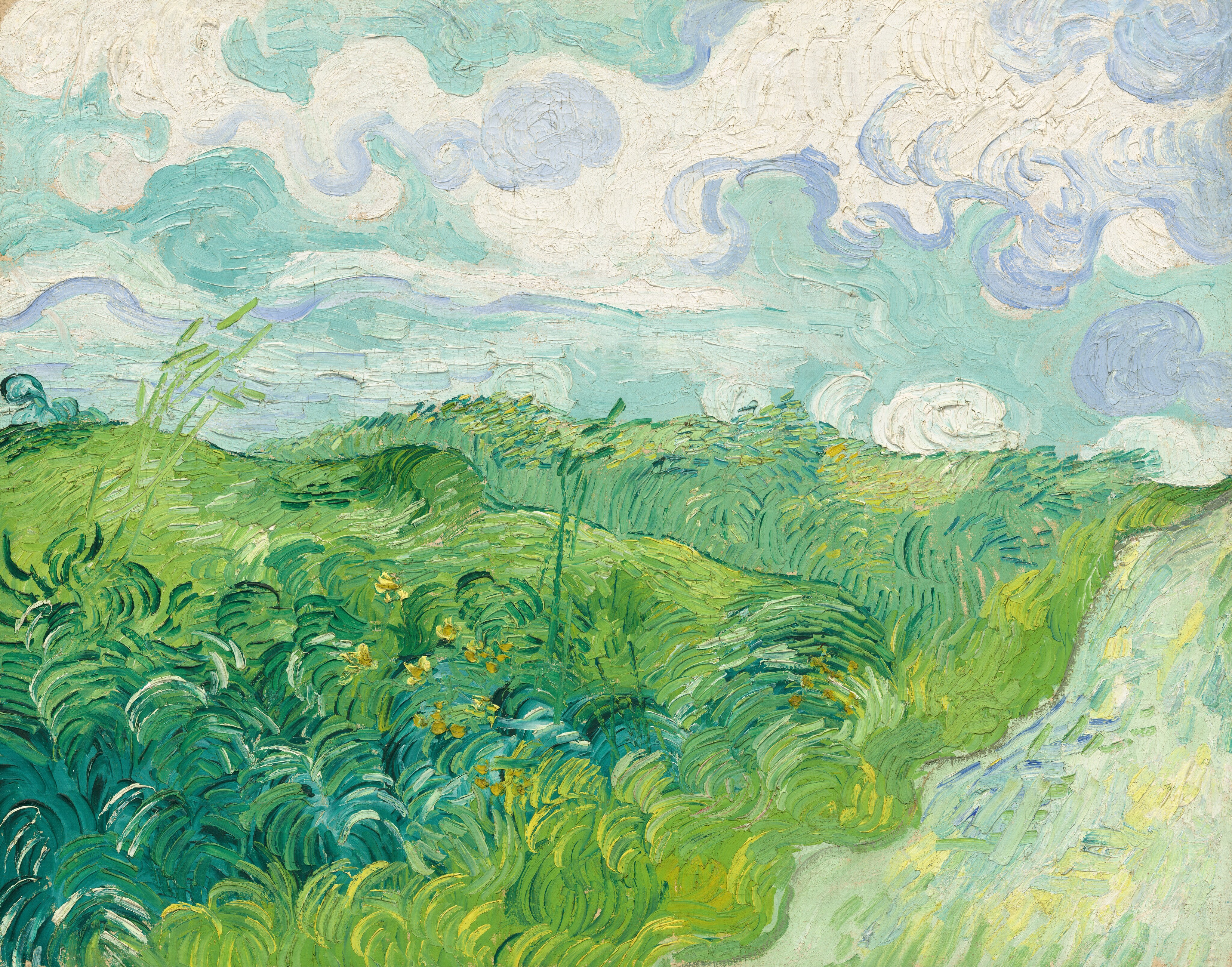 Verdant green fields roll in undulating waves back alongside a road in this horizontal landscape painting. The fields take up the left and center of the composition and are painted with thick, curling strokes of emerald, pea, and celery green, and corn yellow to suggest grasses and plants. The pale green road runs up along the right edge of the painting, and is layered with strokes and daubs in butter yellow, spring green, and faint blue. The fields and road meet the horizon line about halfway up the canvas, where an aquamarine-blue sky swirling with white and periwinkle-blue clouds fills the top half of the painting.
