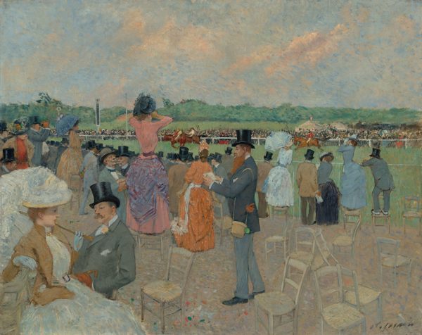This painting shows a horse racing event with a crowd of spectators. Close to us, people stand or sit on chairs, most with their backs turned to us, facing the race. Some people stand on the light brown chairs for a better view. The women wear long, colorful dresses and hold parasols, while the men wear suit jackets in shades of gray with black top hats. Behind the crowd, towards the center of the painting, is a long strip of green grass where riders on horseback race towards the left, visible over the heads of spectators. Across from us, on the other side of the green expanse, another crowd of onlookers is gathered, along with a few cream-colored tents. Beyond that is more green grass and darker green trees. The sky above is light blue with soft clouds in shades of cream and peach.